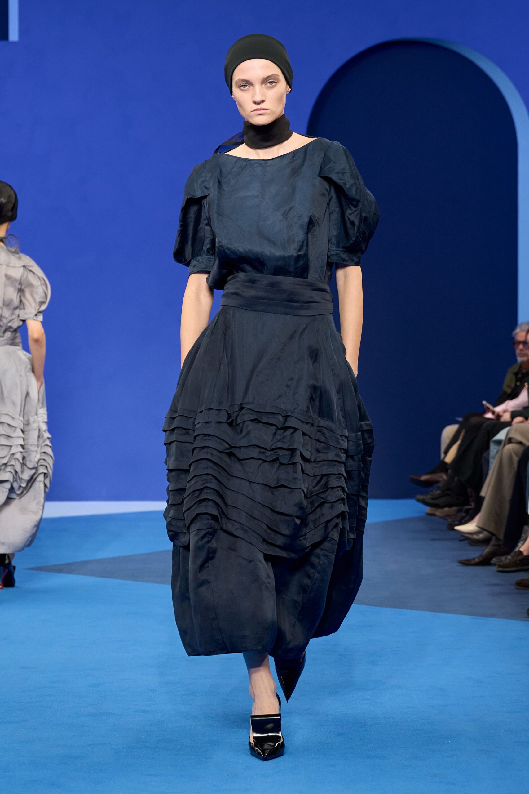 blue silk short-sleeve high-neck fitted pleated layered dress