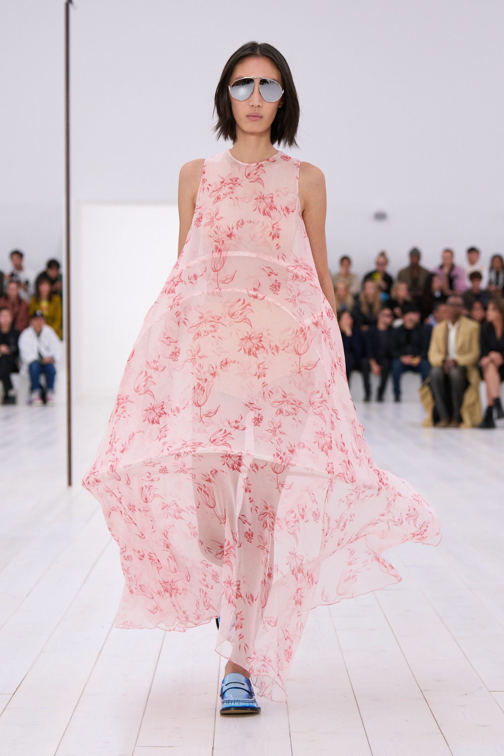 pink chiffon sleeveless high-neck relaxed floral tiered dress