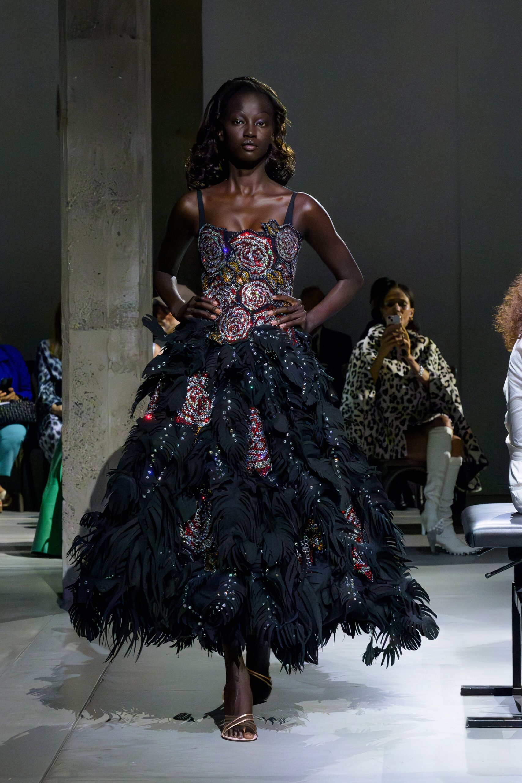 black silk sleeveless fitted embellished tiered flowing dress