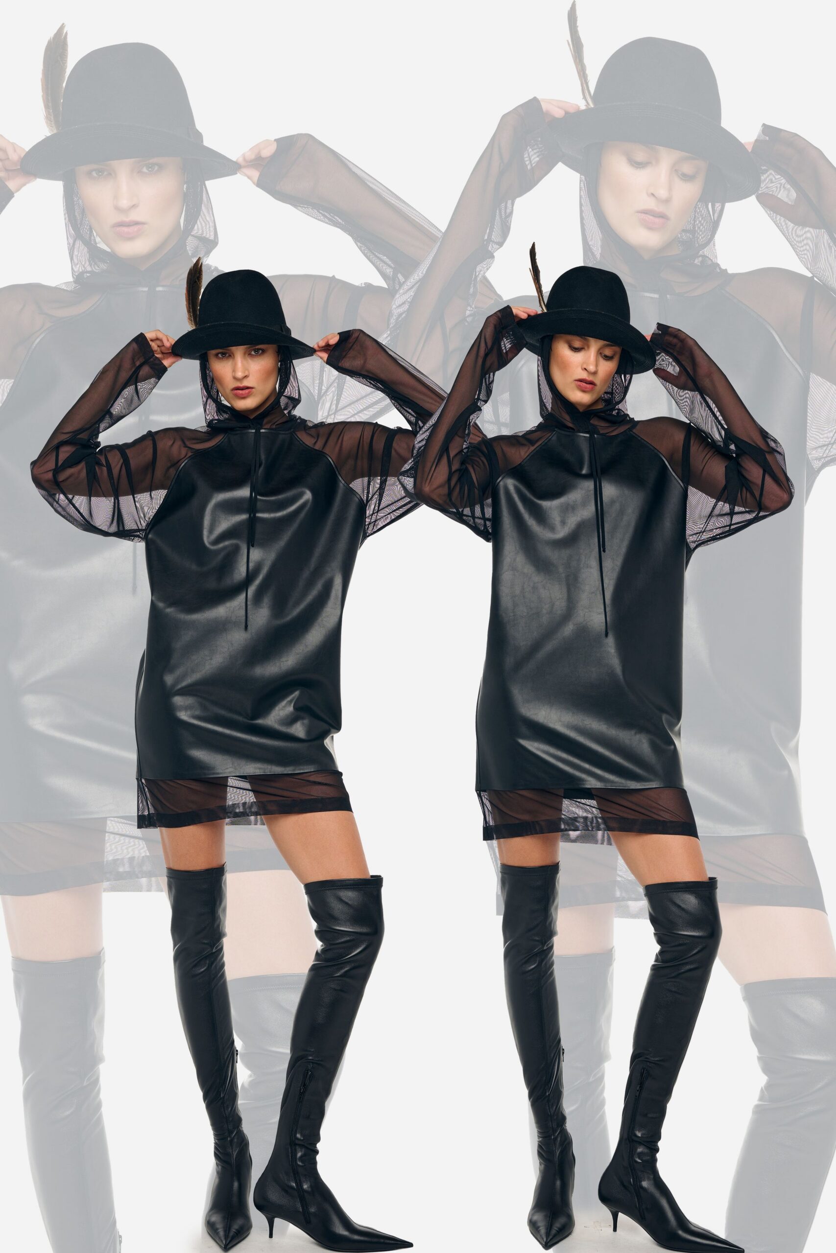black leather long-sleeve high-neck fitted zippered short dress