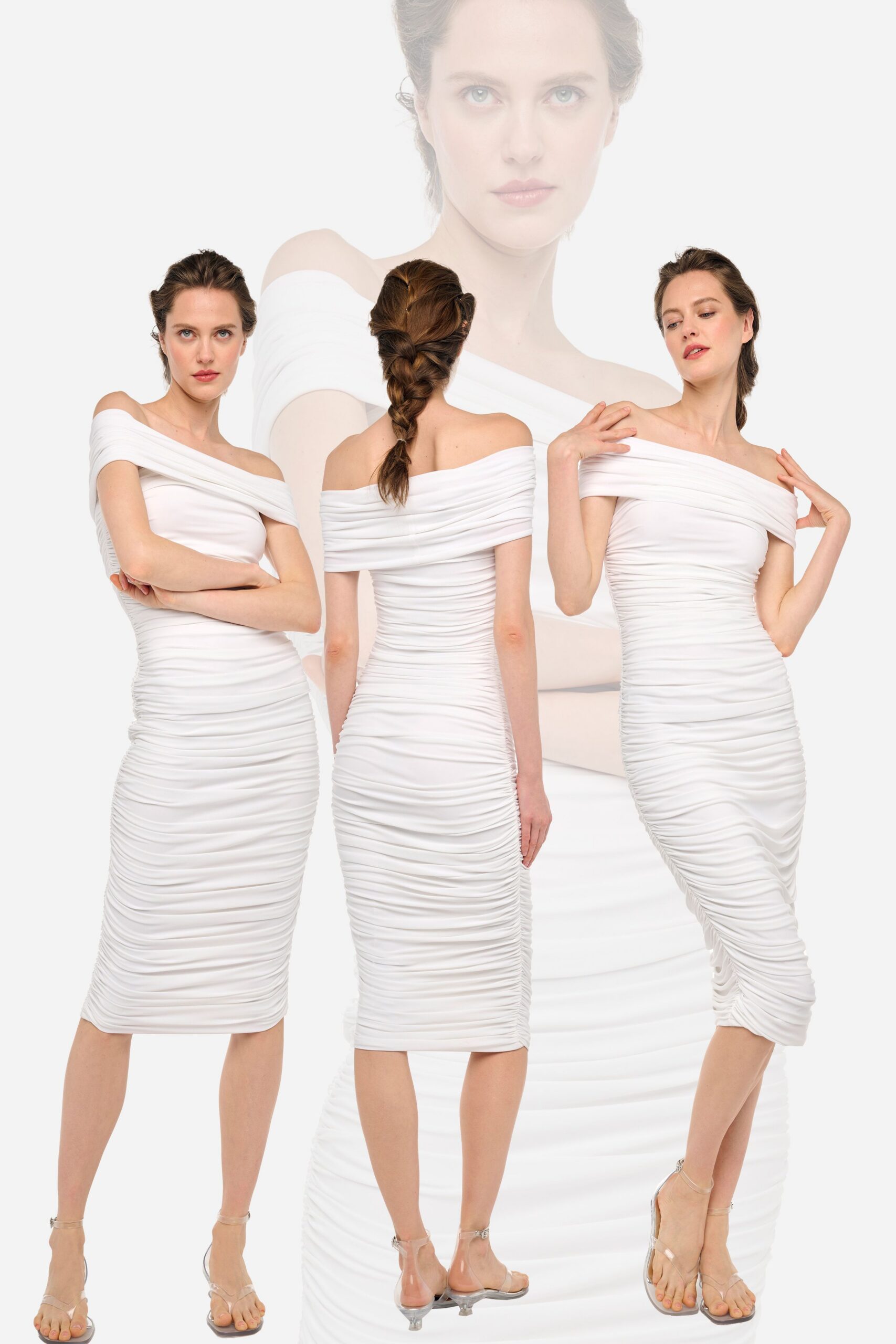 white cotton off-shoulder fitted ruched midi dress