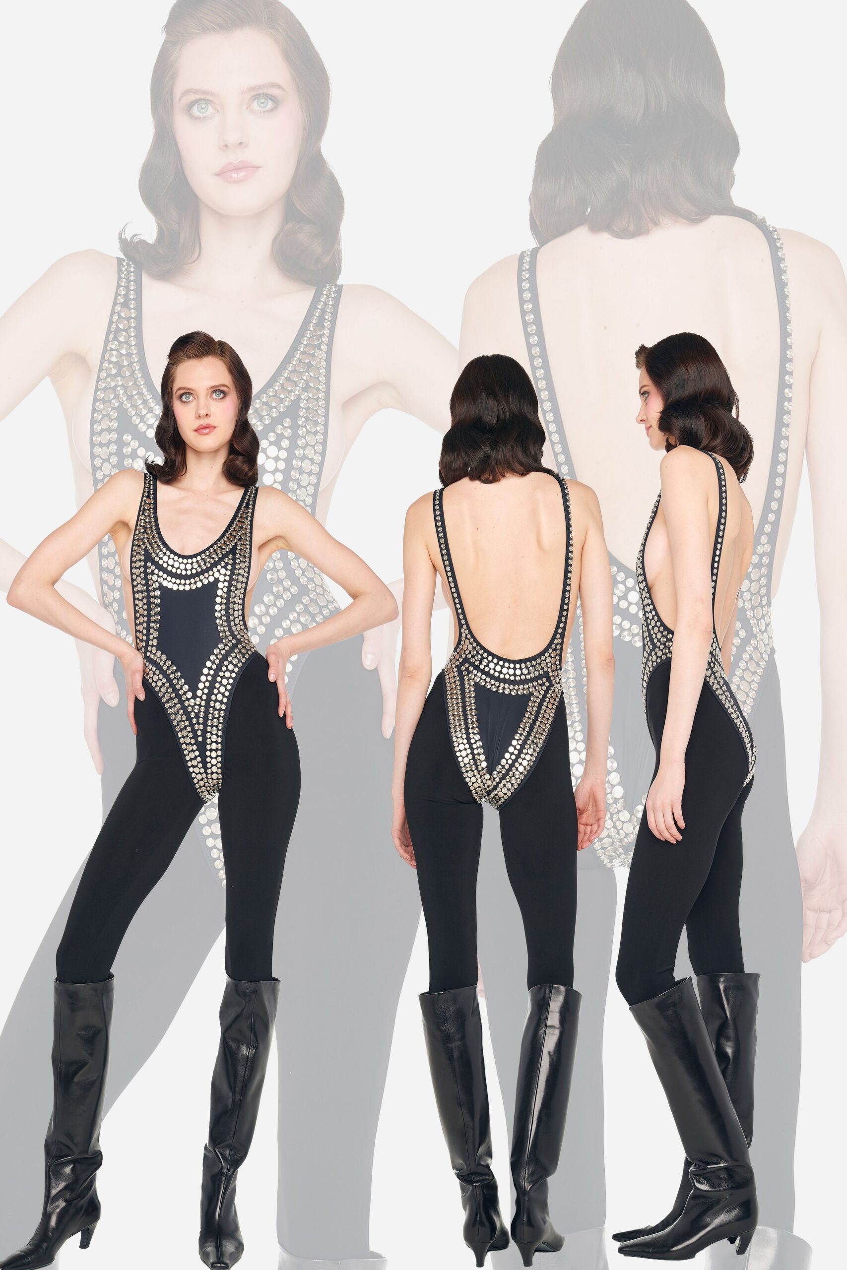 black fitted catsuit with beads