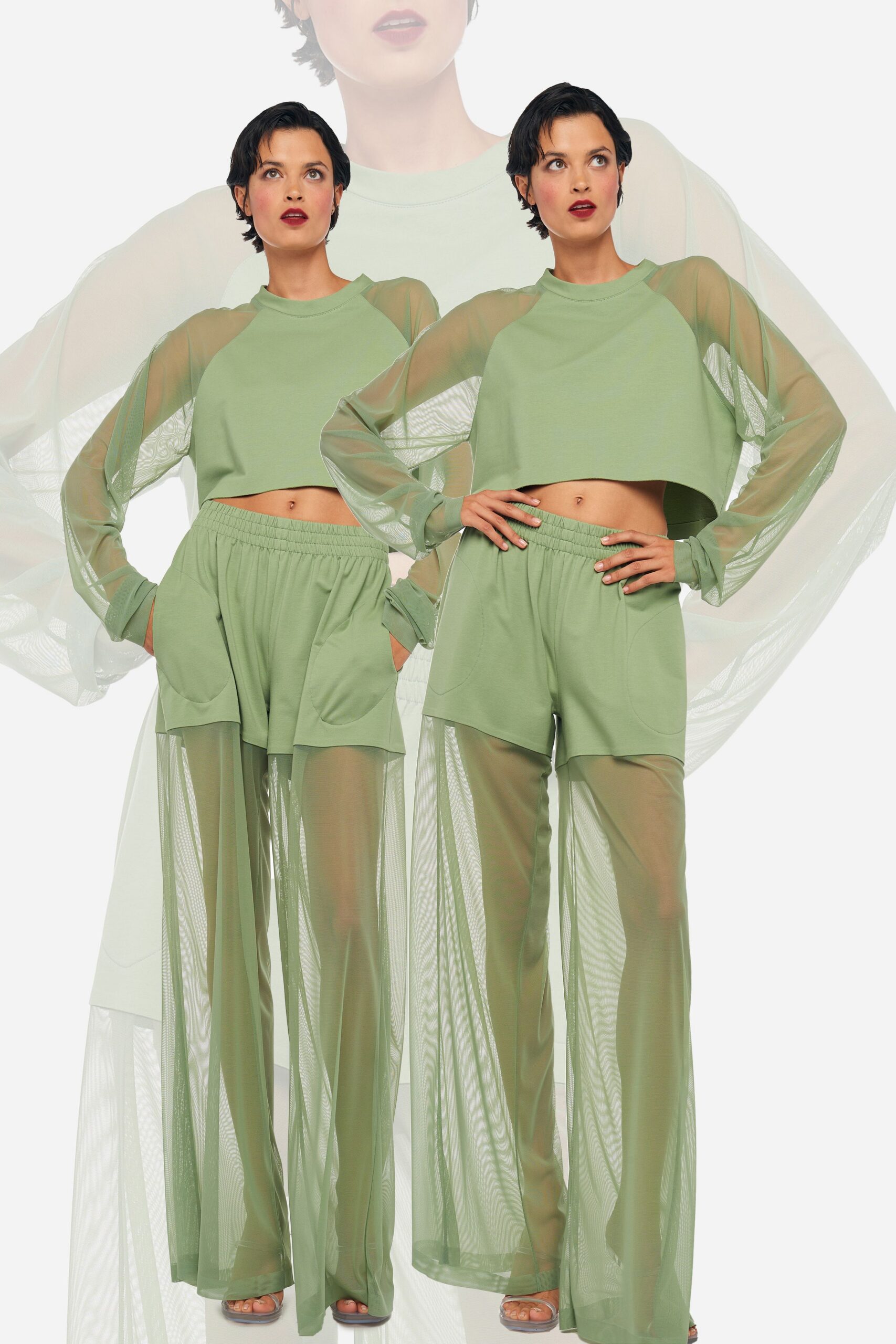 green cotton long-sleeve high-neck relaxed layered sheer top