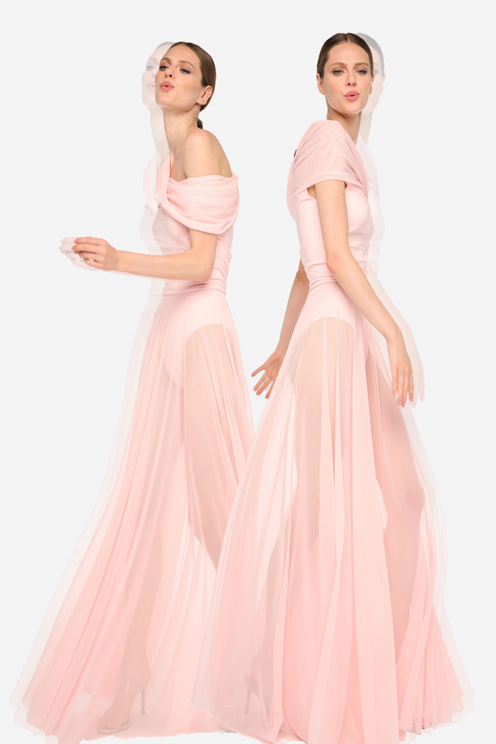 pink tulle off-shoulder gown