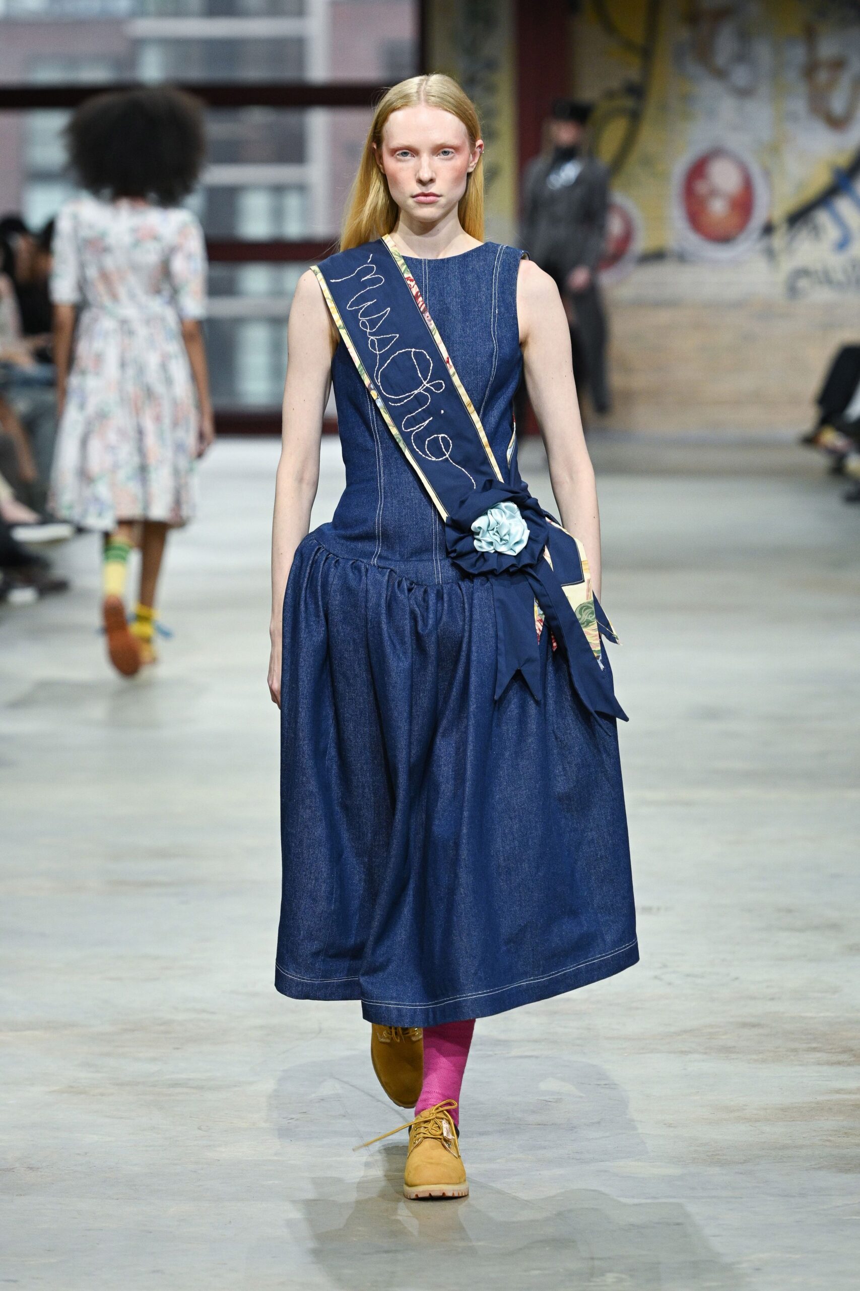 blue denim sleeveless v-neck fitted embroidered a-line dress