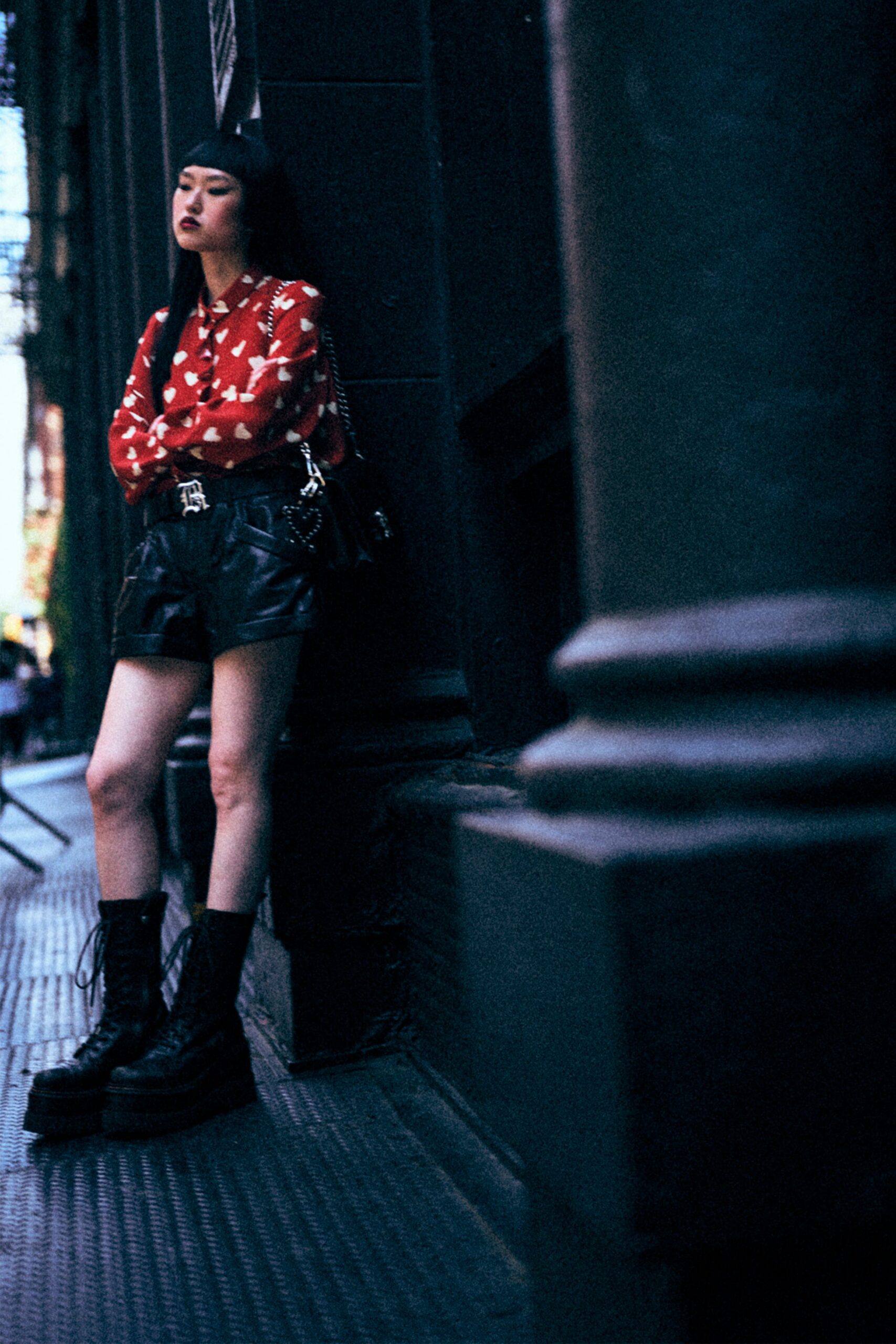 red cotton long-sleeve collared fitted printed shirt