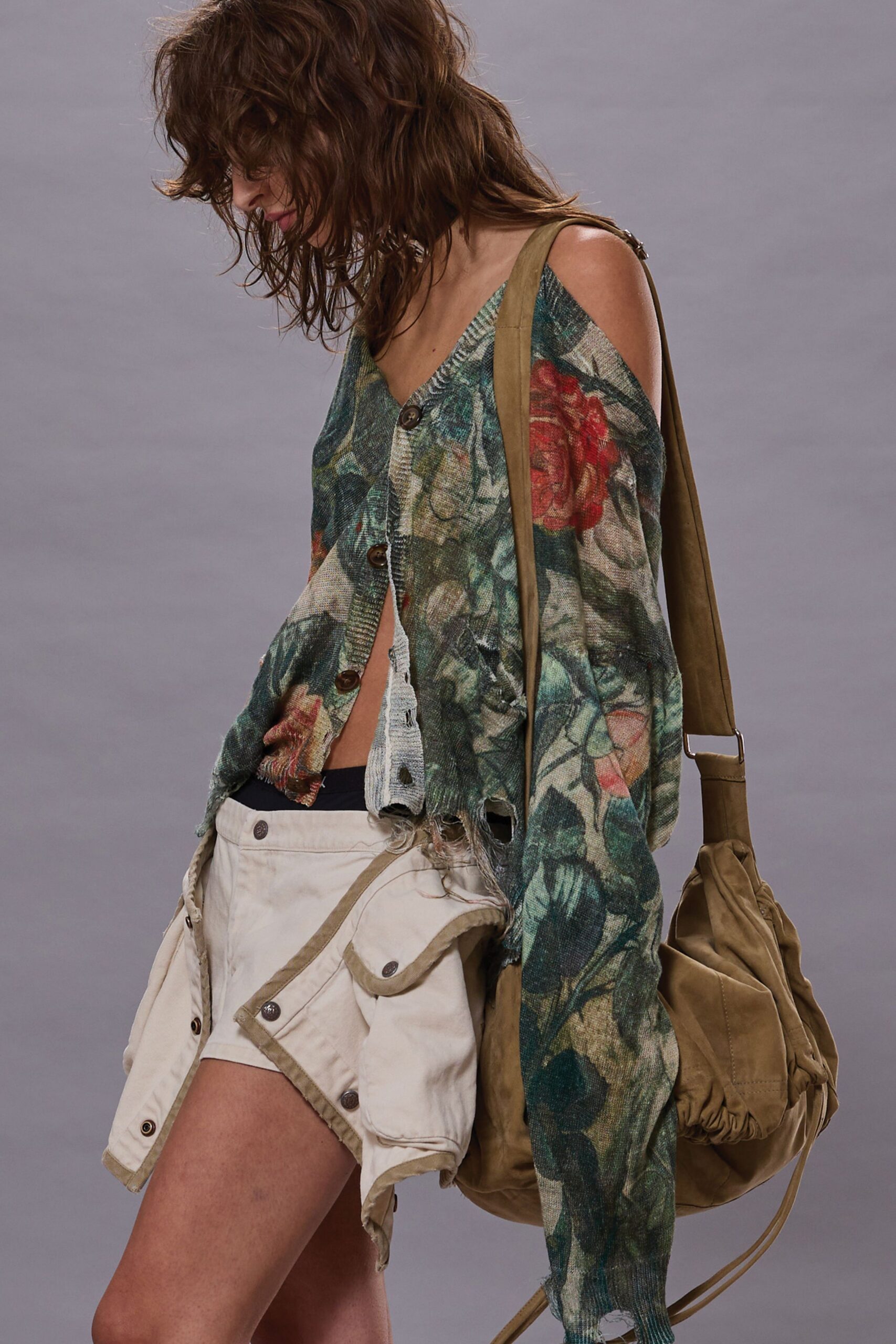 green cotton long-sleeve off-shoulder relaxed floral layered cardigan