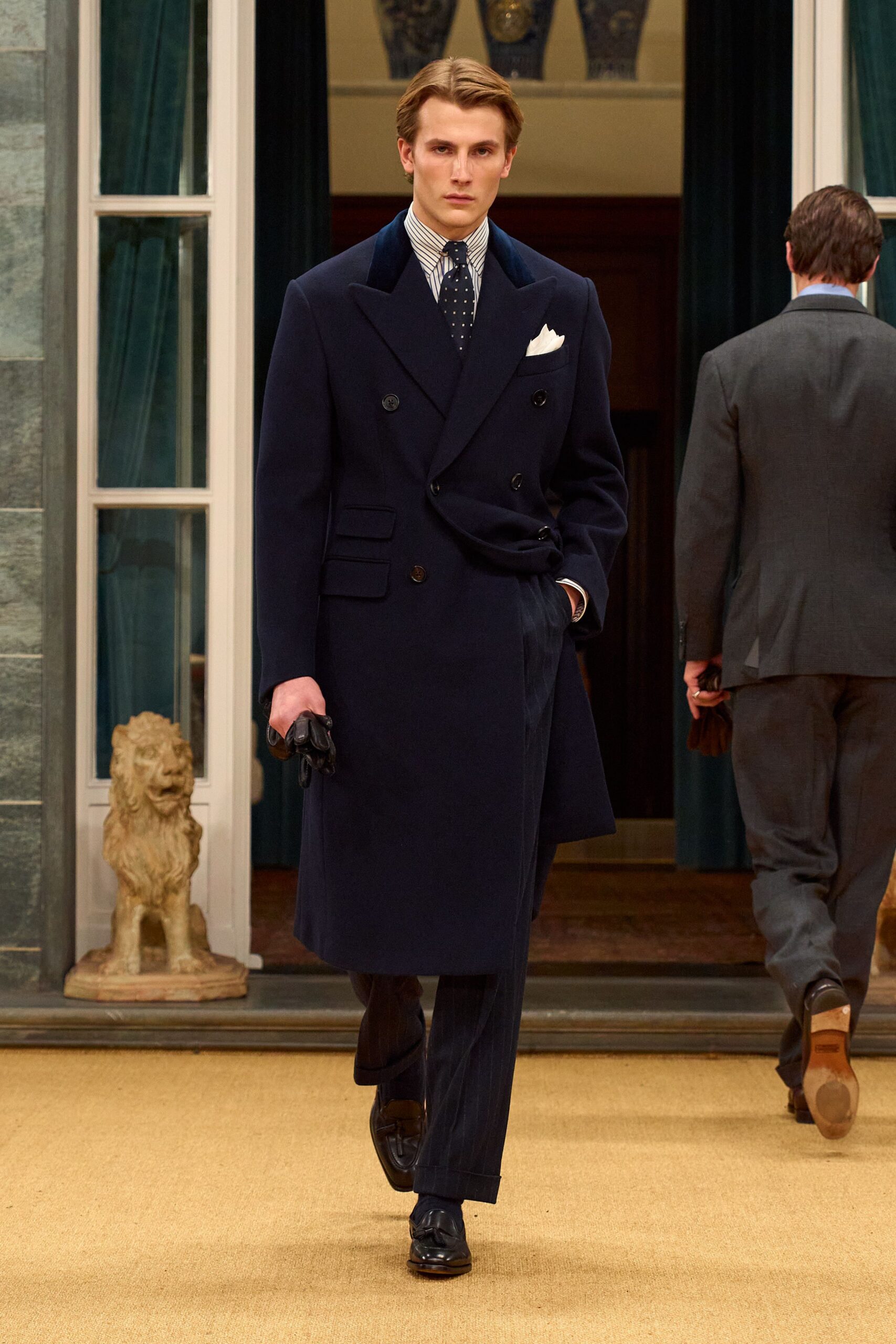 blue wool long-sleeve double-breasted structured coat