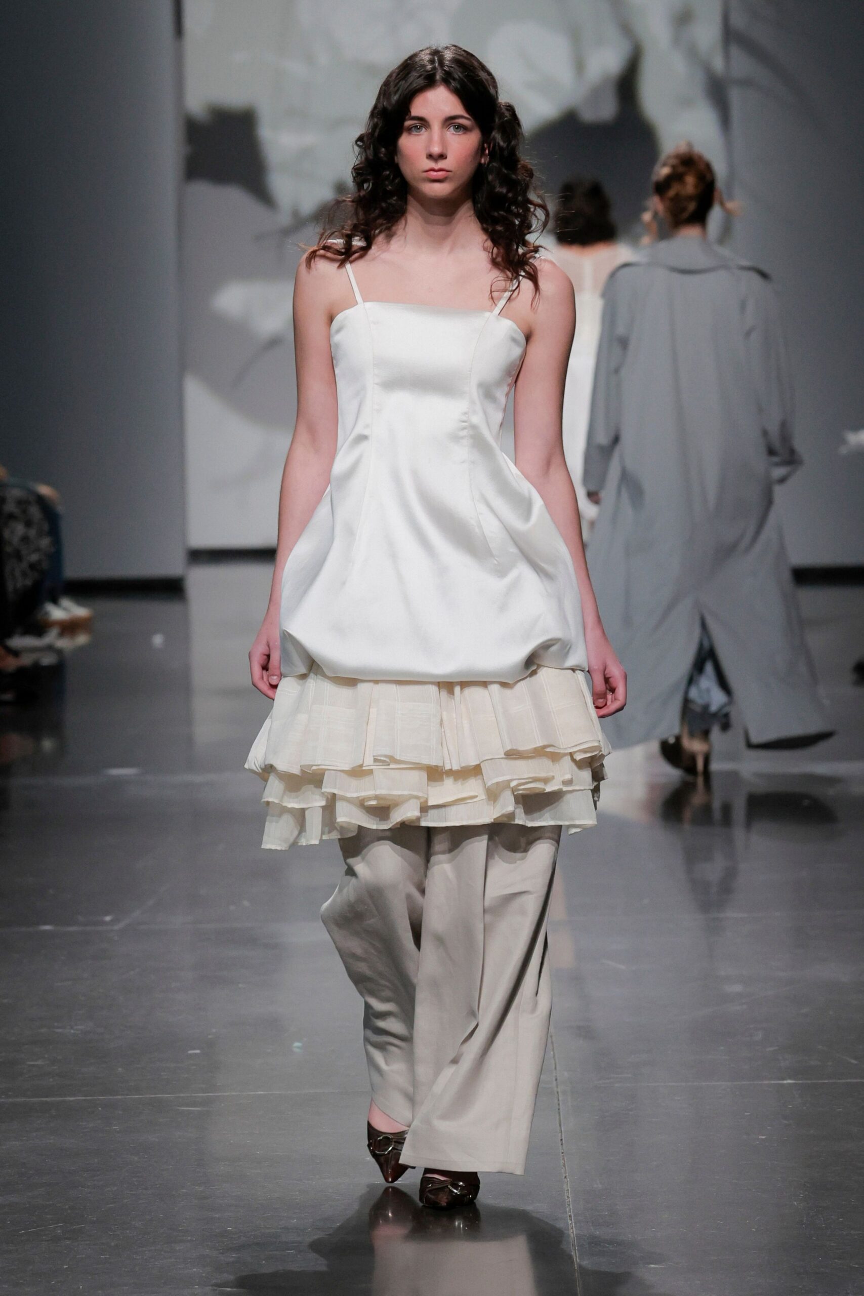 white silk sleeveless v-neck fitted tiered flowing dress