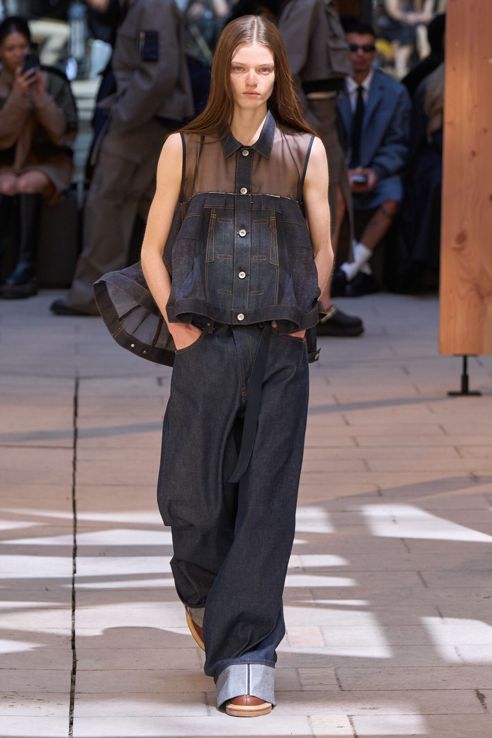 black denim sleeveless collared relaxed buttoned layered top
