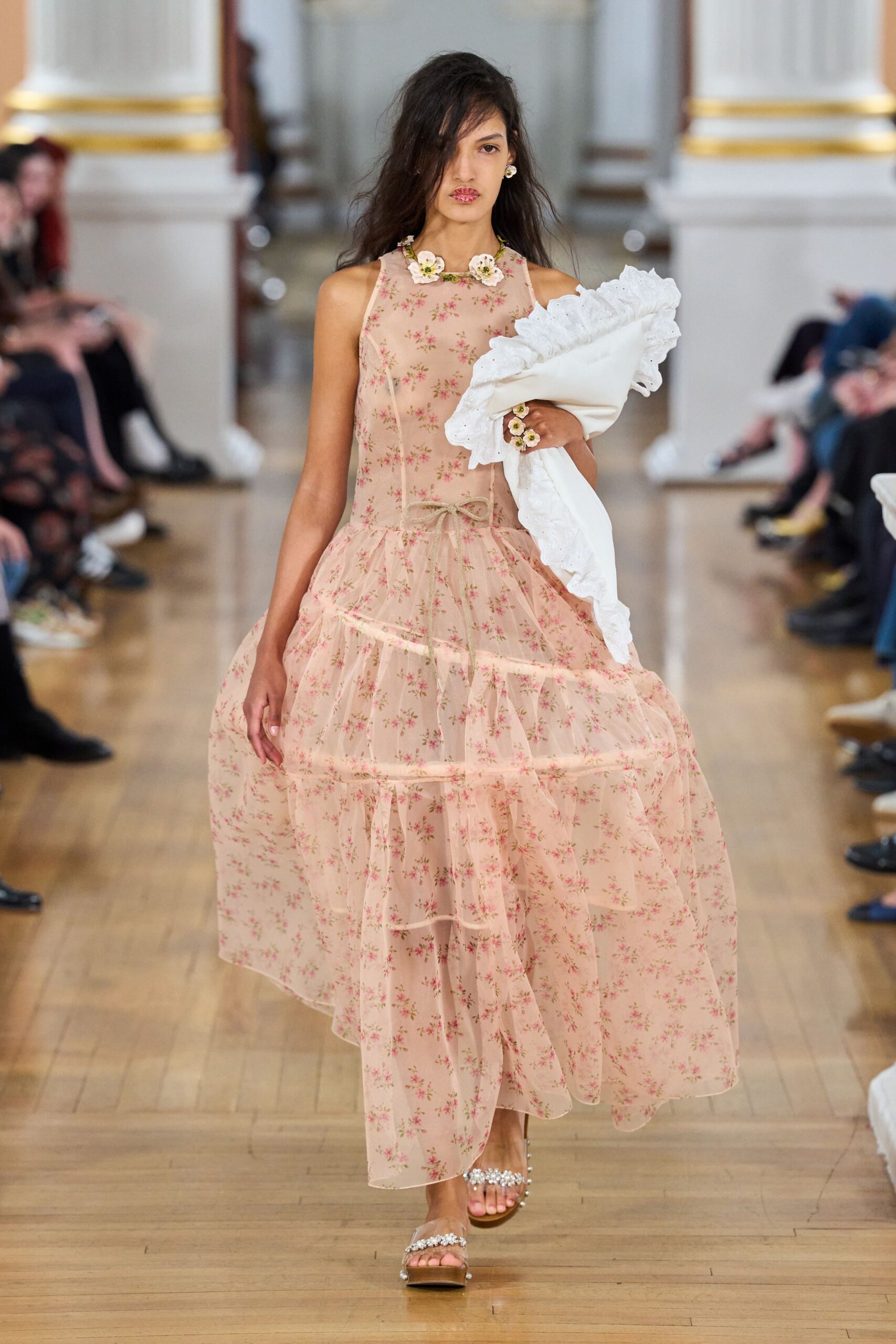 pink chiffon sleeveless v-neck fitted floral tiered dress