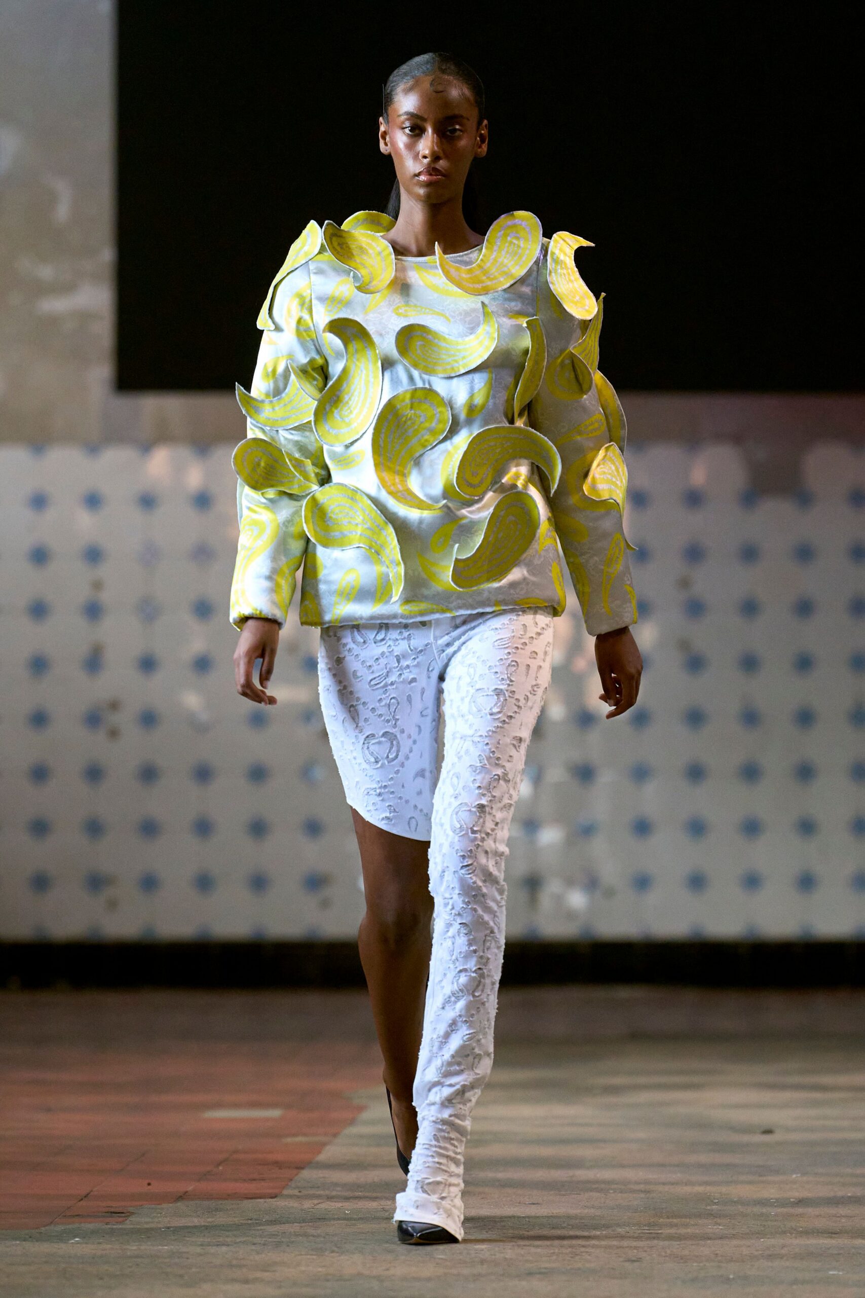 yellow cotton long-sleeve collared fitted layered embroidered top