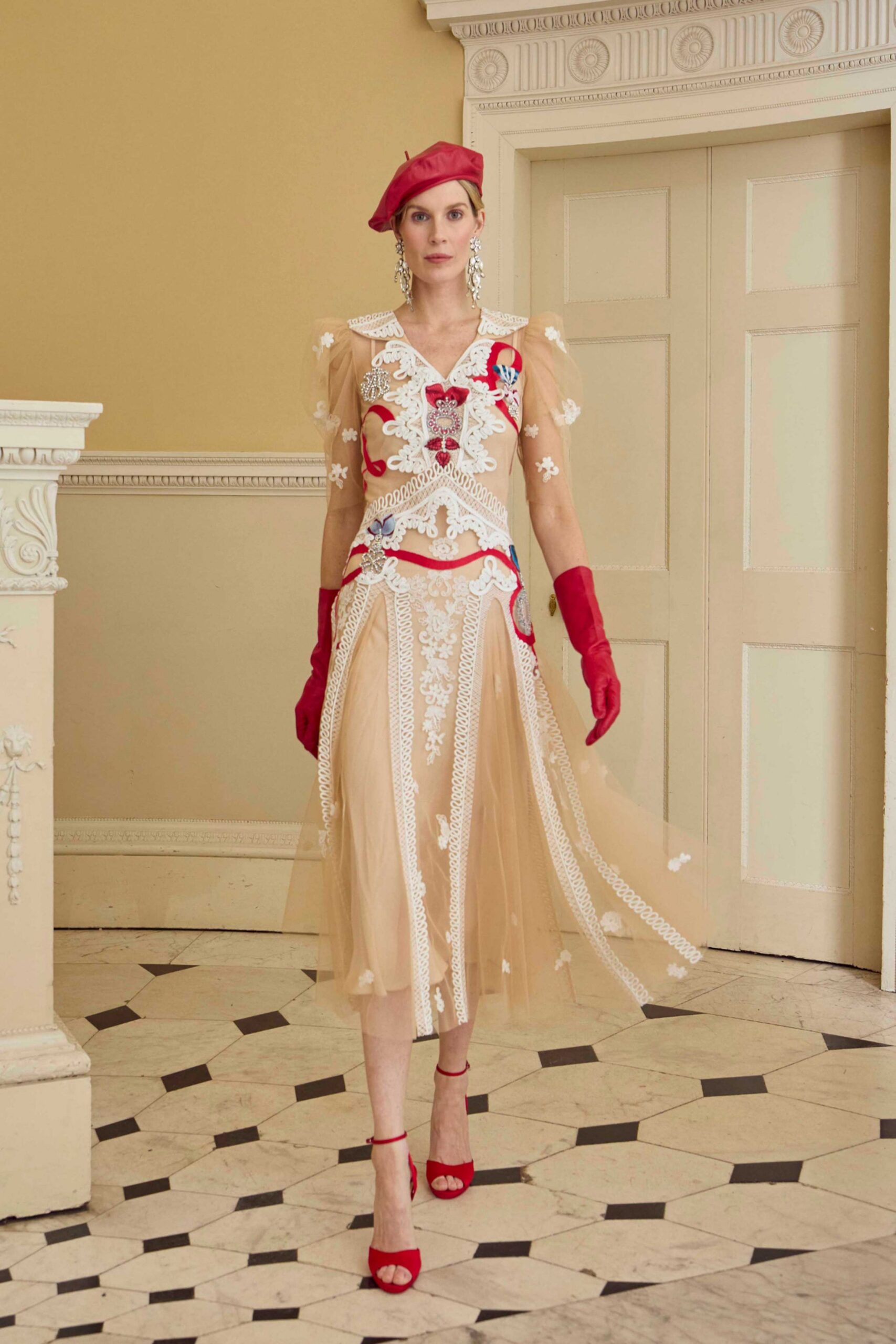 beige embroidered midi dress