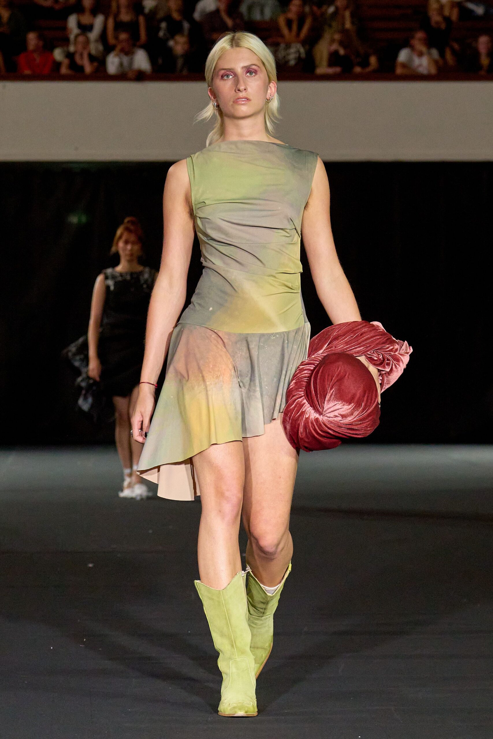 green silk sleeveless v-neck fitted draped mini dress