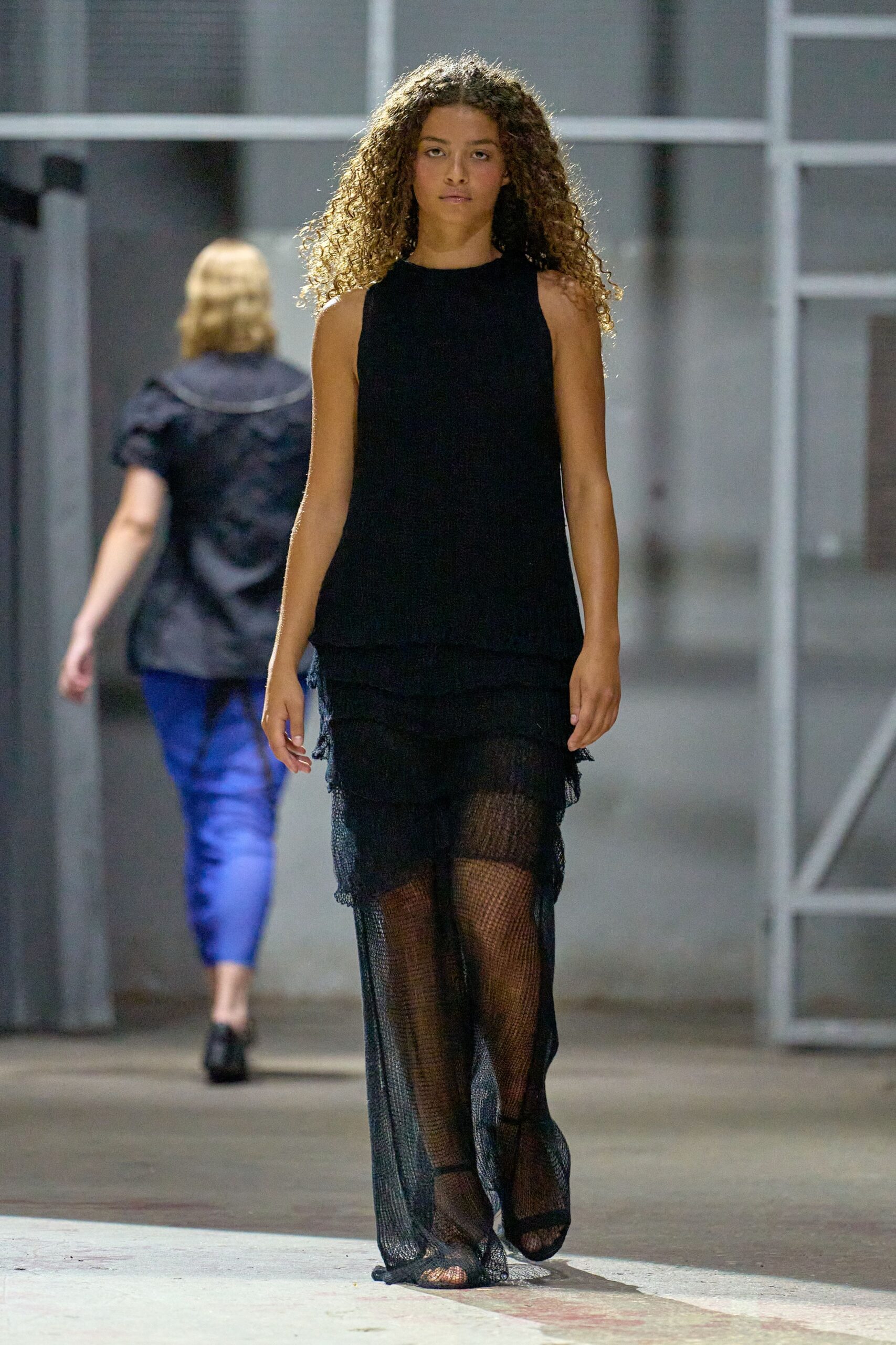 black mesh sleeveless high-neck fitted layered sheer dress