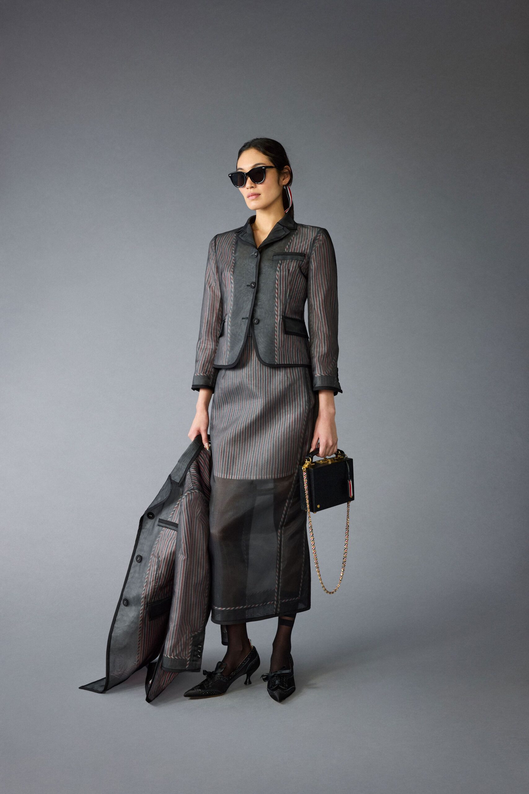black silk long-sleeve collared structured striped jacket