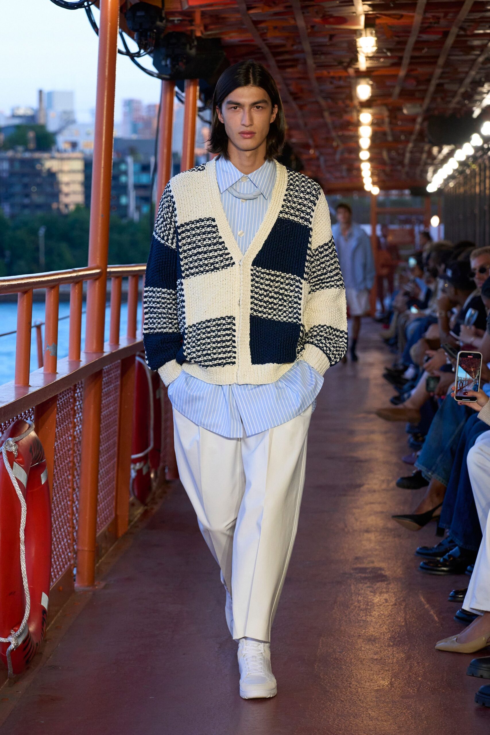 white cotton long-sleeve v-neck relaxed striped cardigan