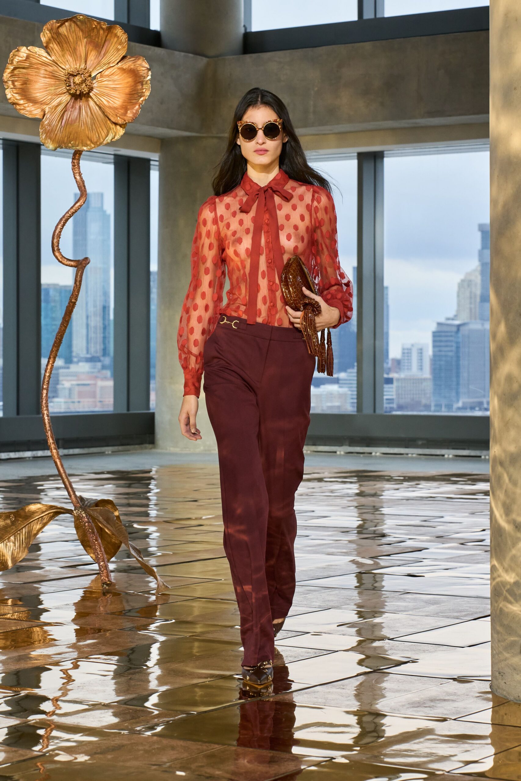 red silk long-sleeve collared fitted polka-dot sheer blouse