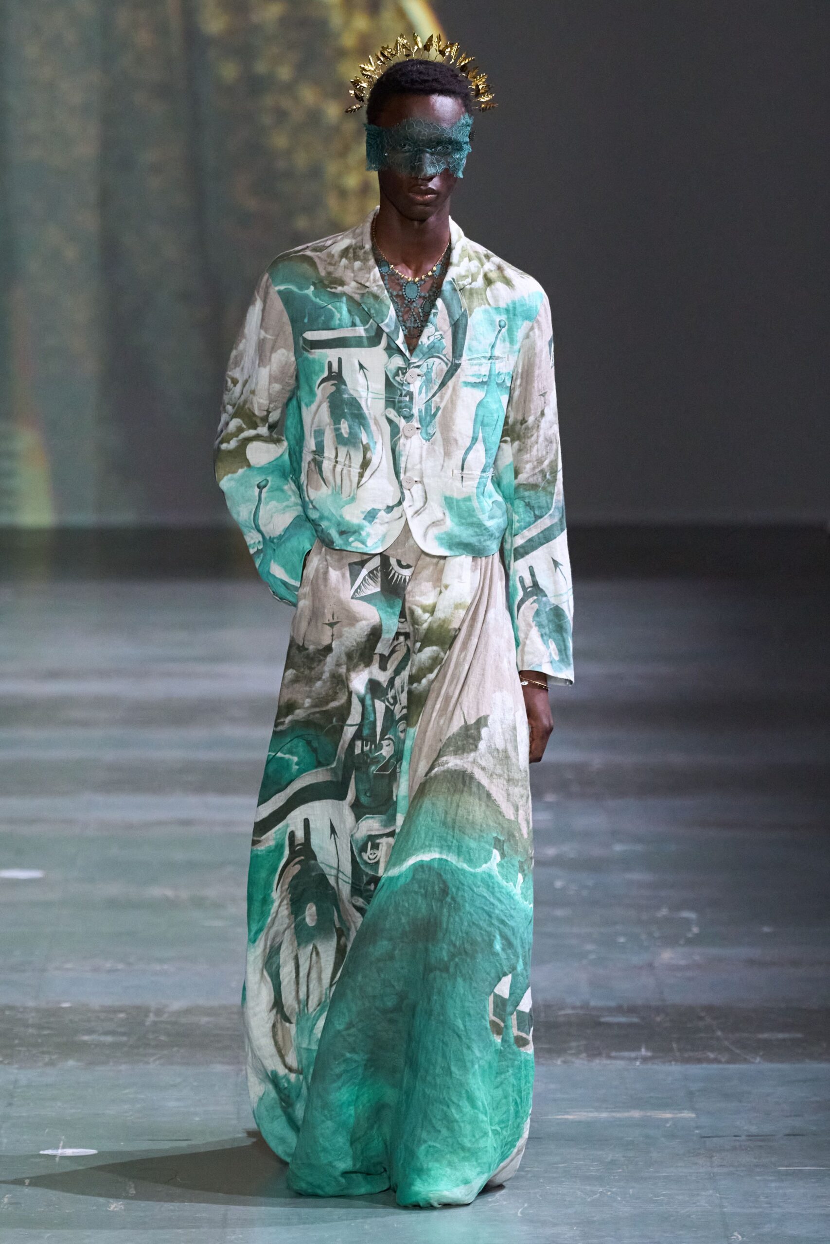 green and white printed maxi dress