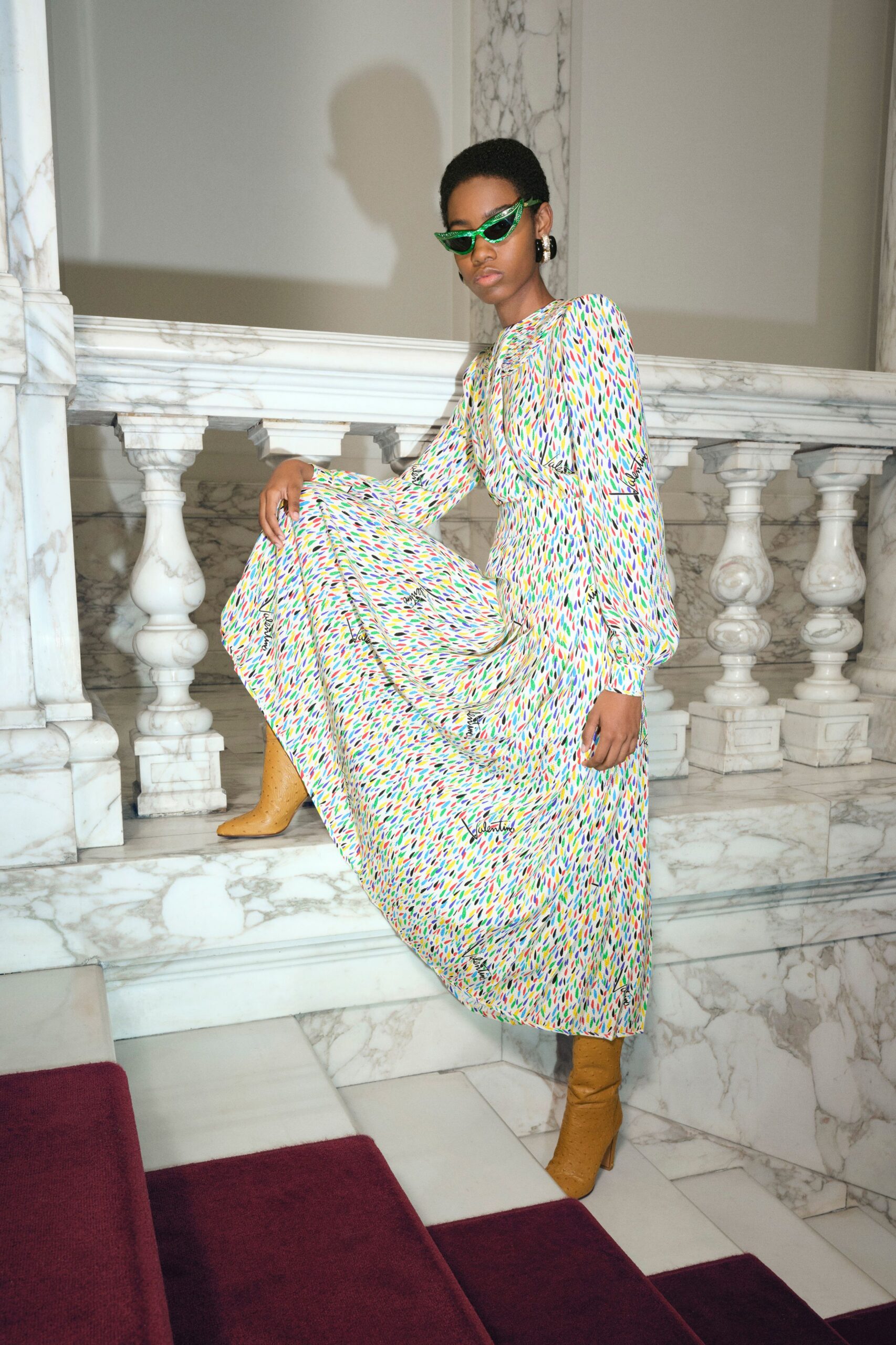 multi long-sleeve fitted pleated maxi dress