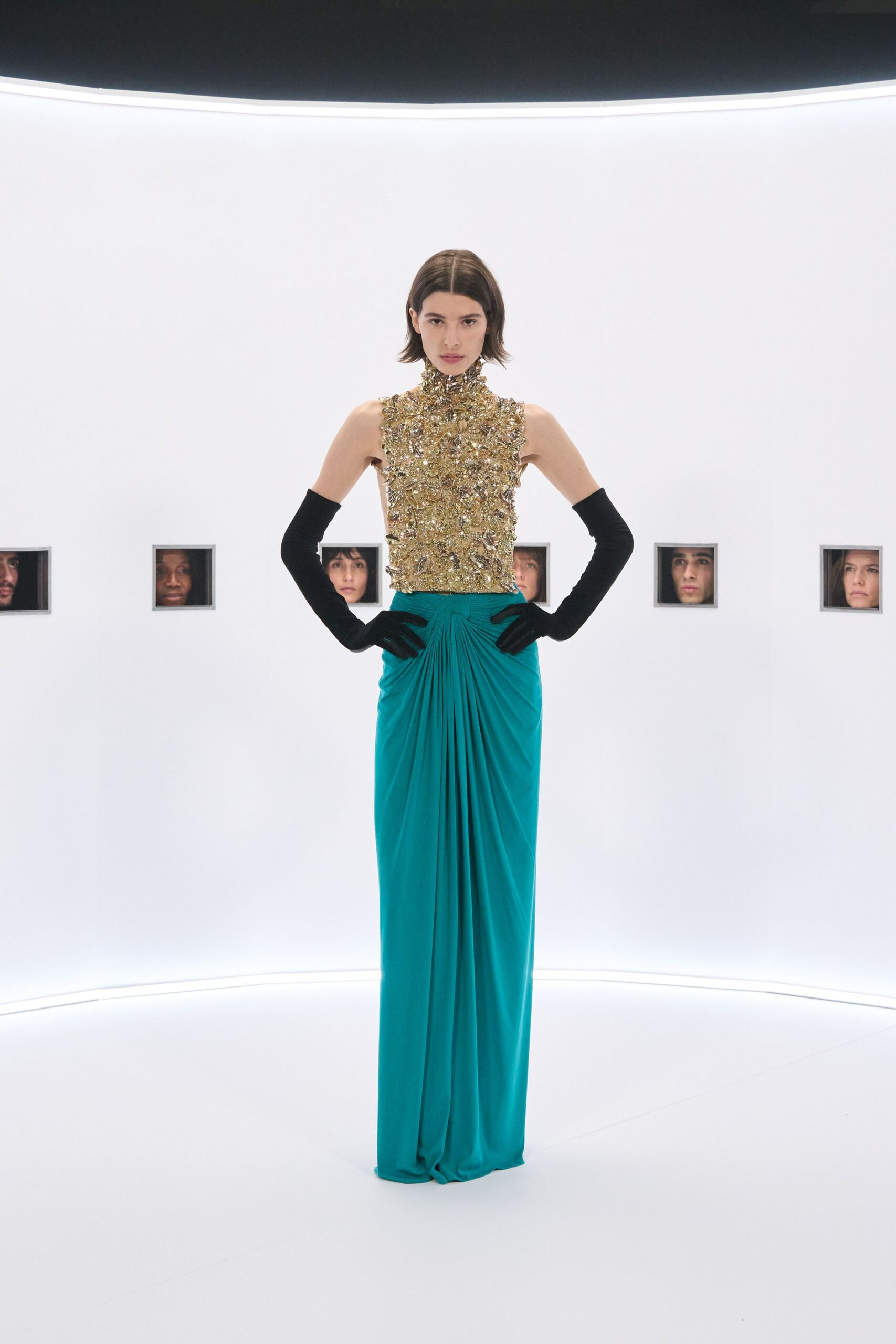 teal silk sleeveless high-neck fitted pleated embellished gown