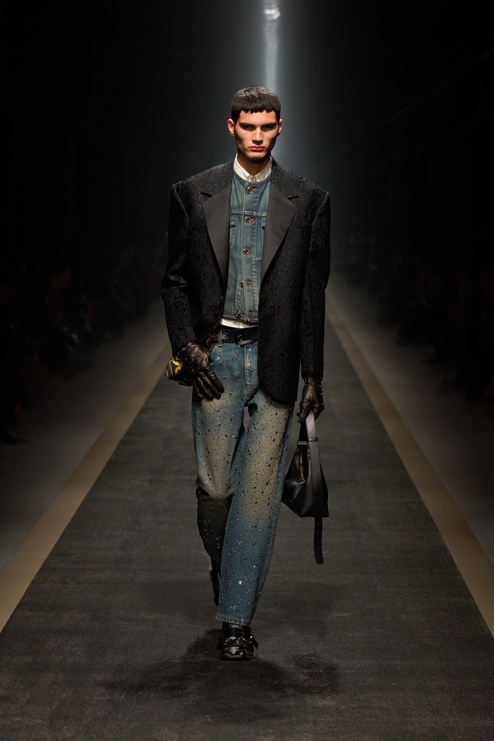 black embroidered blazer with denim