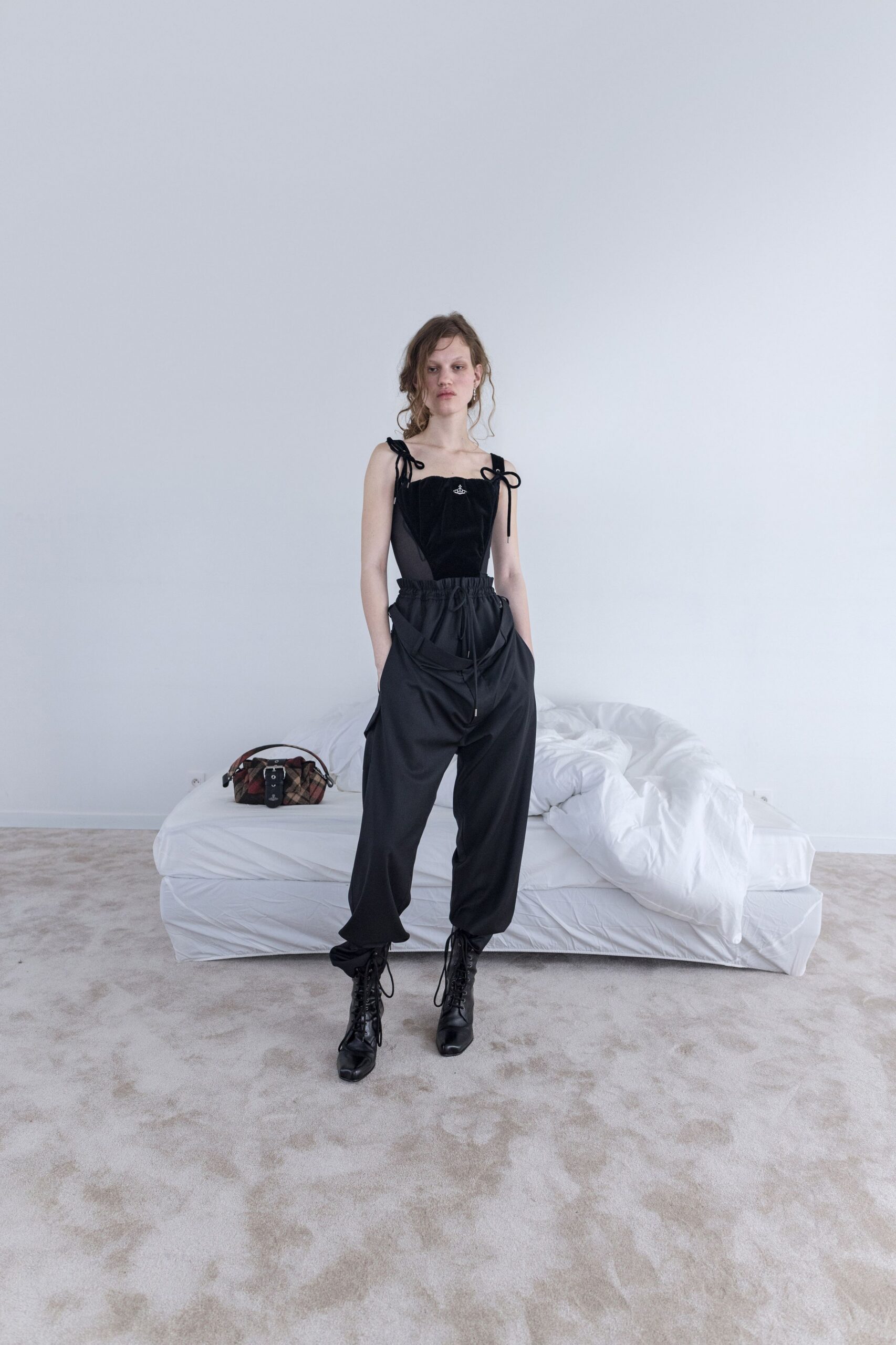 black velvet top with relaxed pants