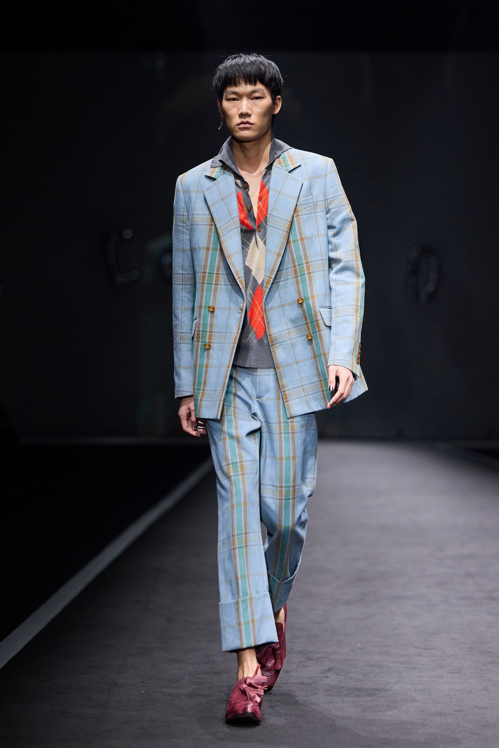 blue long-sleeve collared tailored checked suit