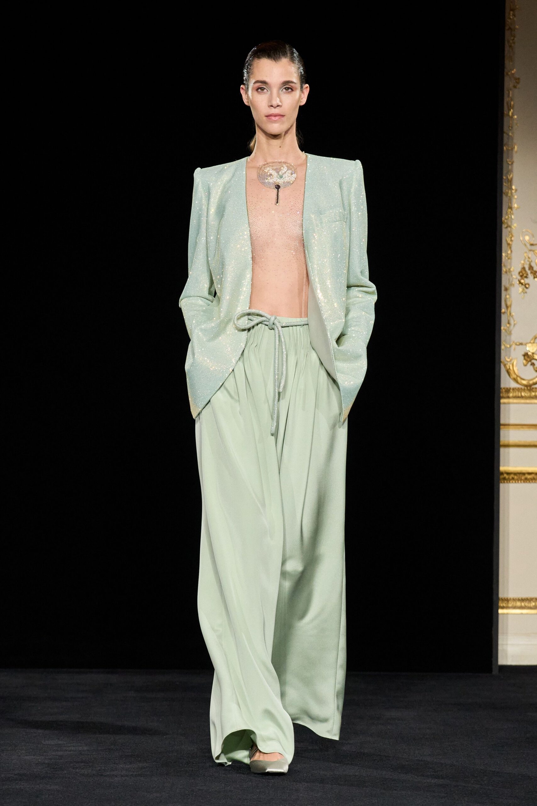 green silk long-sleeve collared structured shiny blazer
