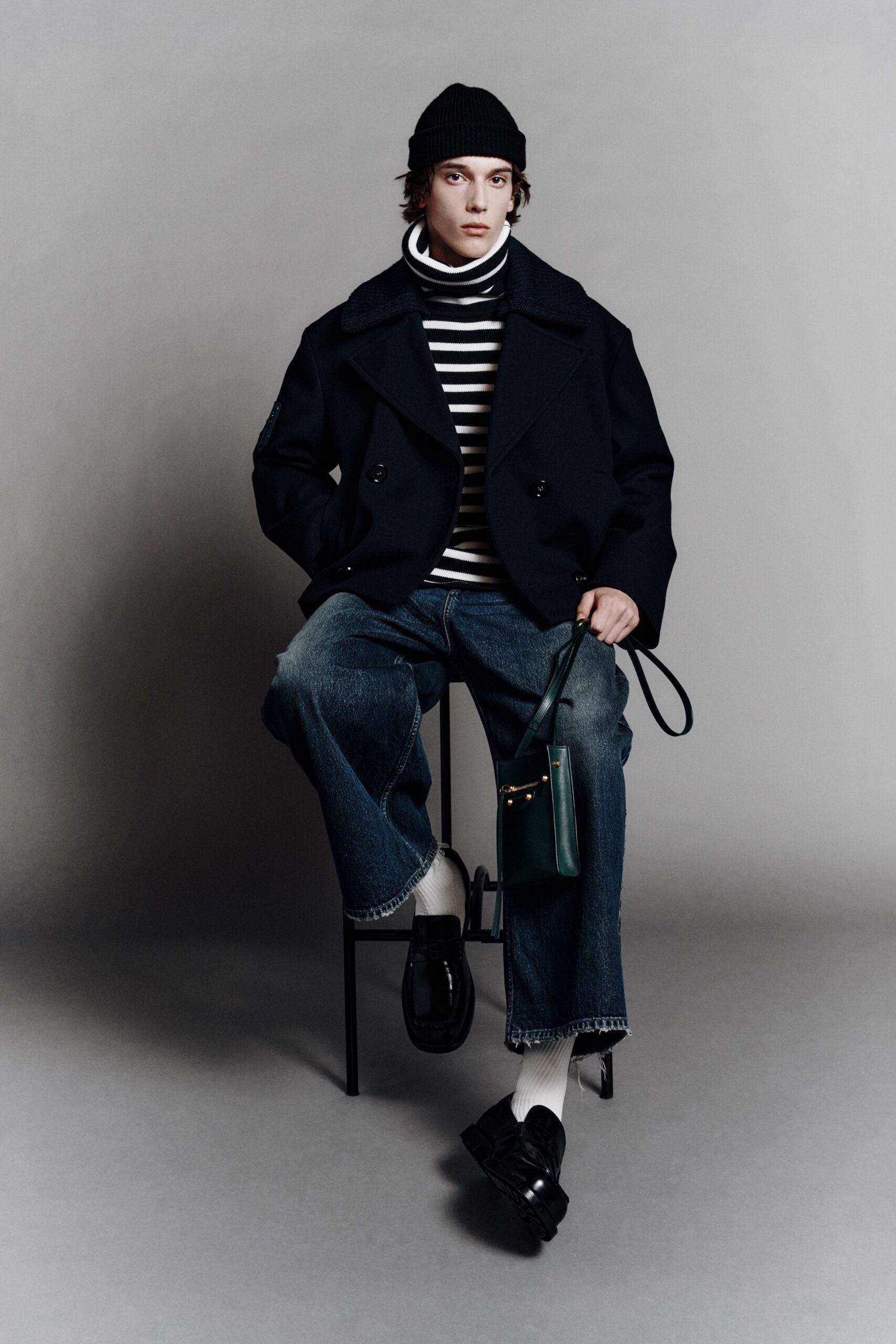 black wool long-sleeve double-breasted structured jacket
