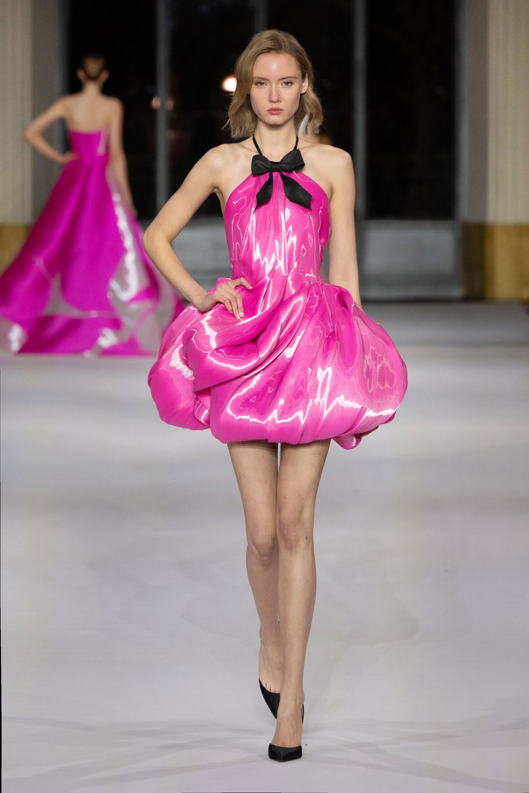 pink silk sleeveless strapless fitted pleated shiny dress