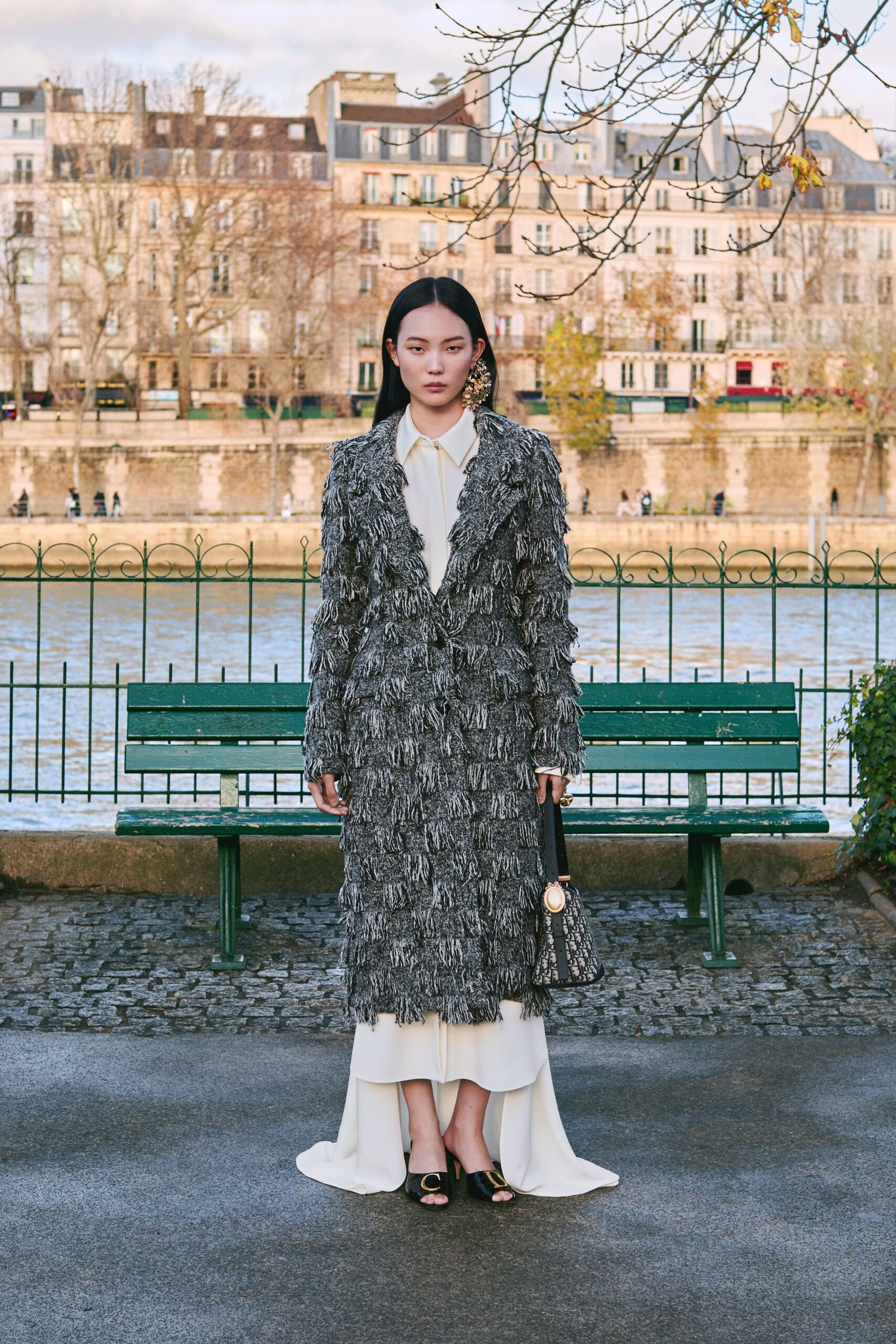 white silk long-sleeve collared fitted midi dress