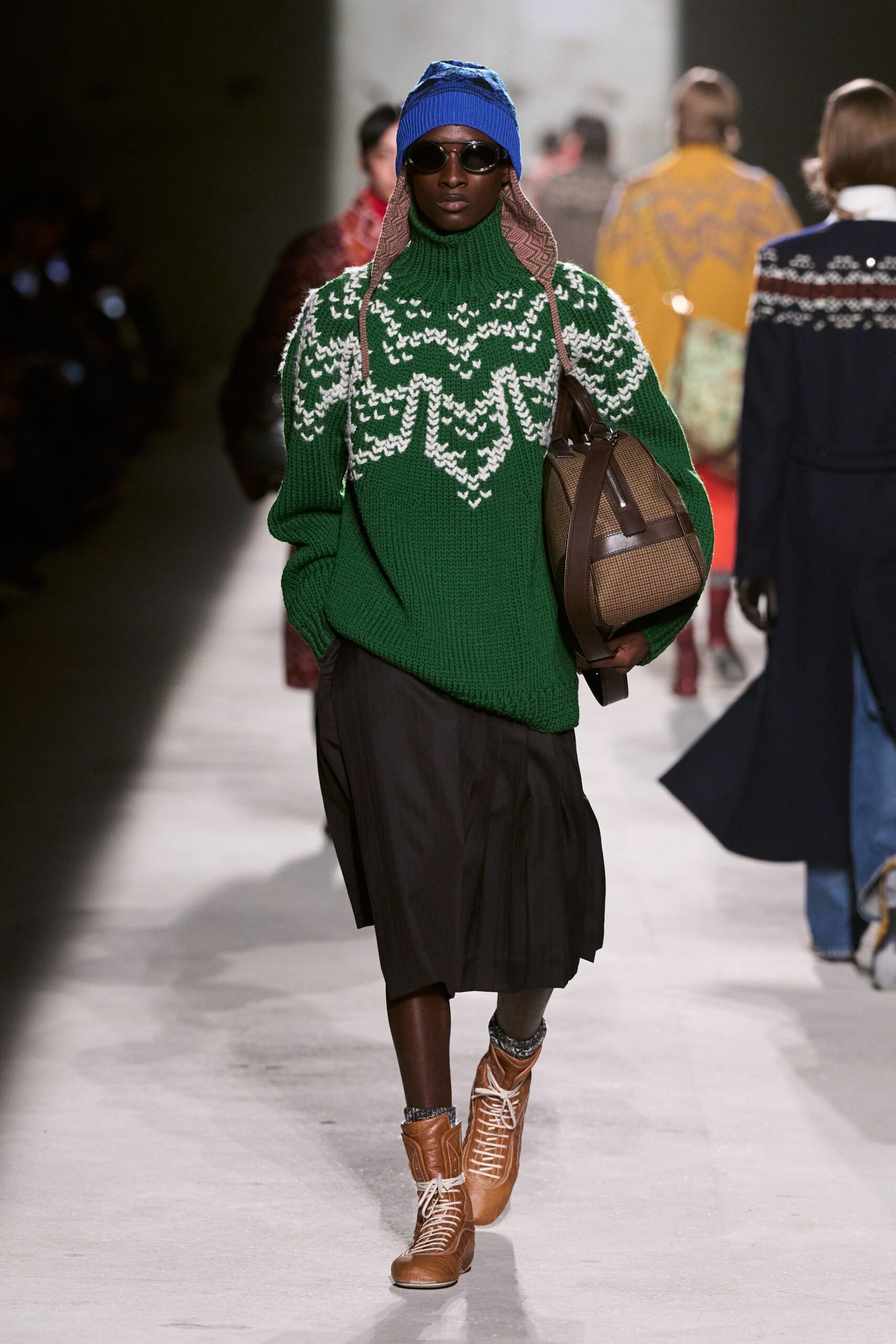 green wool long-sleeve high-neck relaxed printed sweater