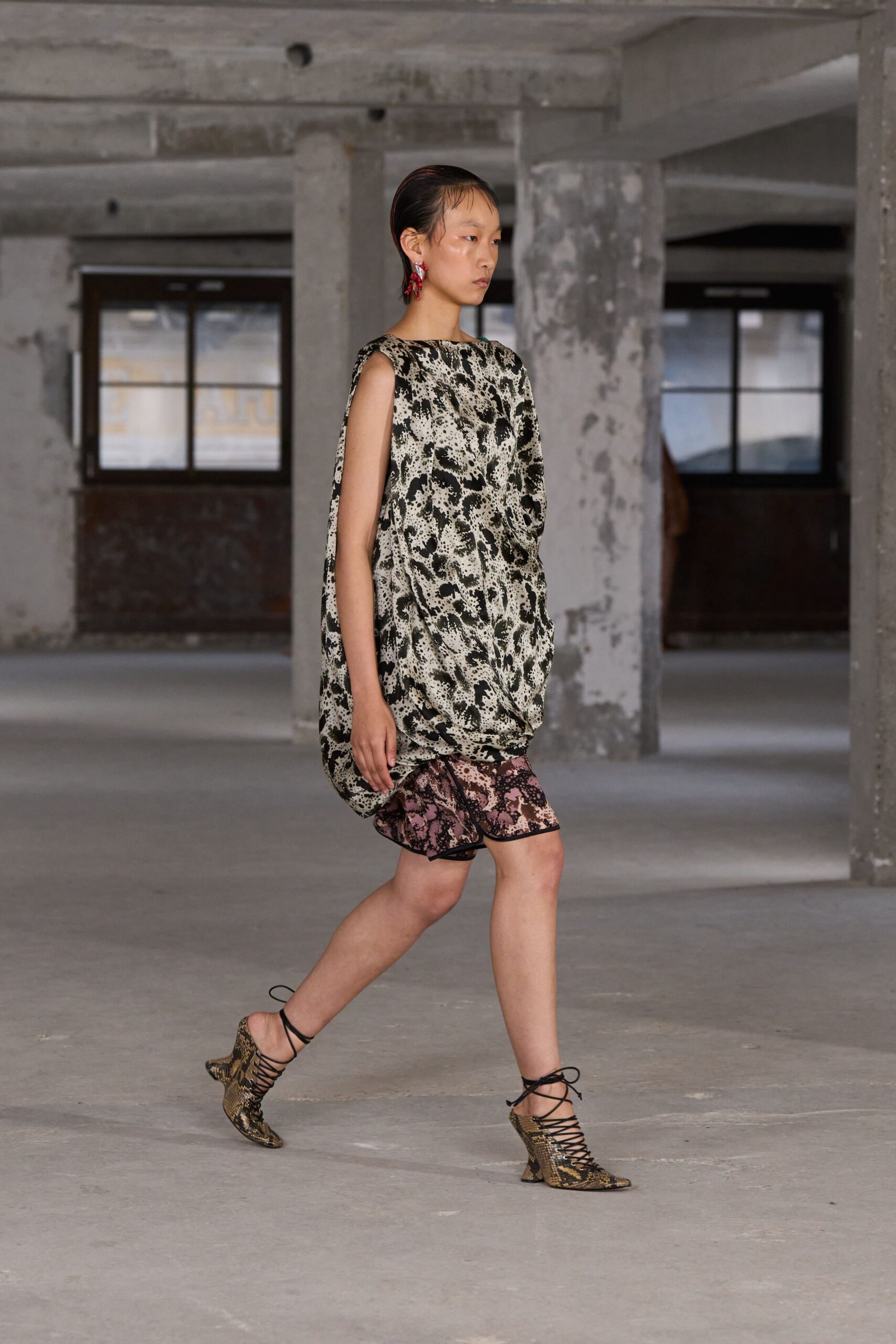 black silk sleeveless high-neck relaxed flared printed dress
