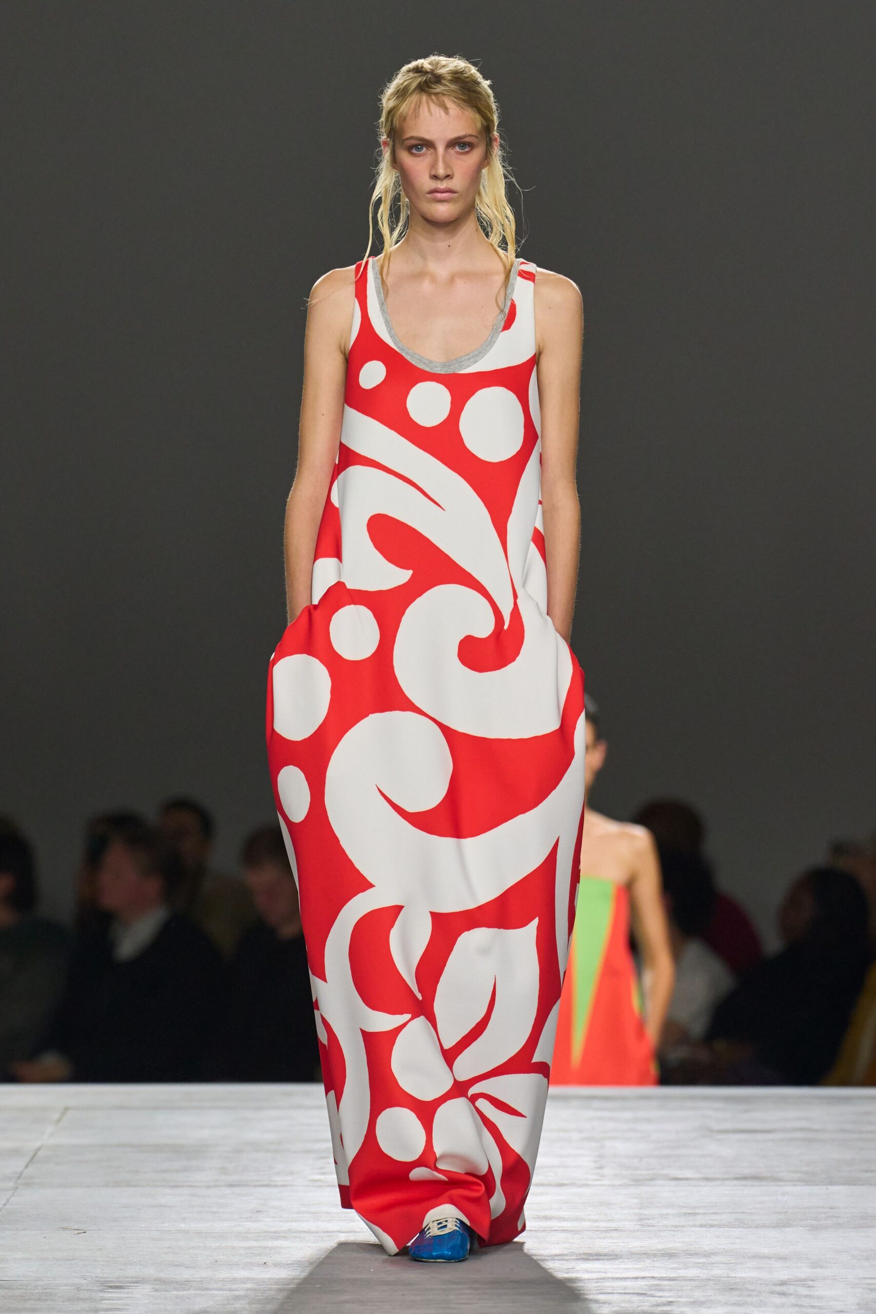 red cotton sleeveless high-neck relaxed printed maxi dress