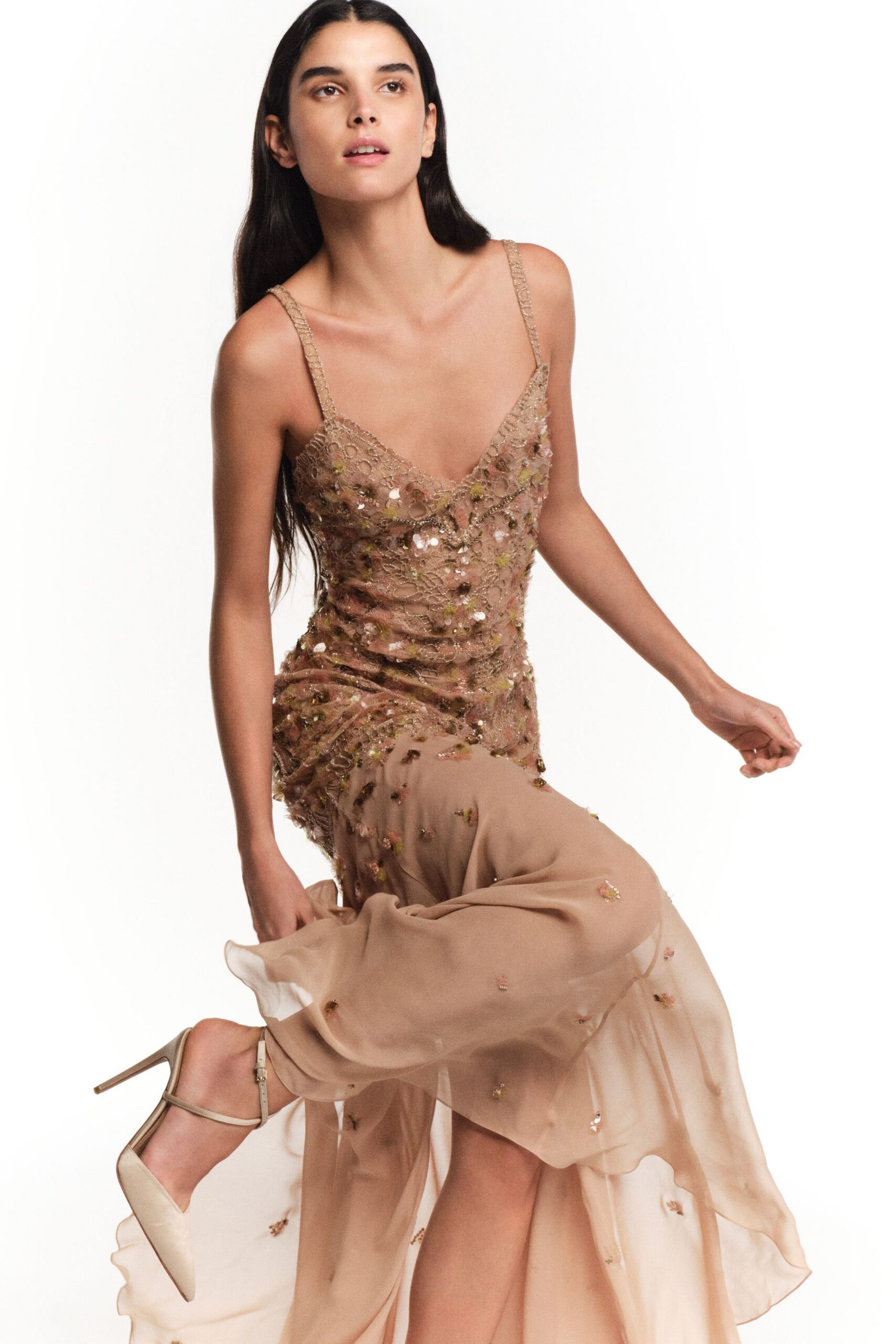beige silk embroidered gown
