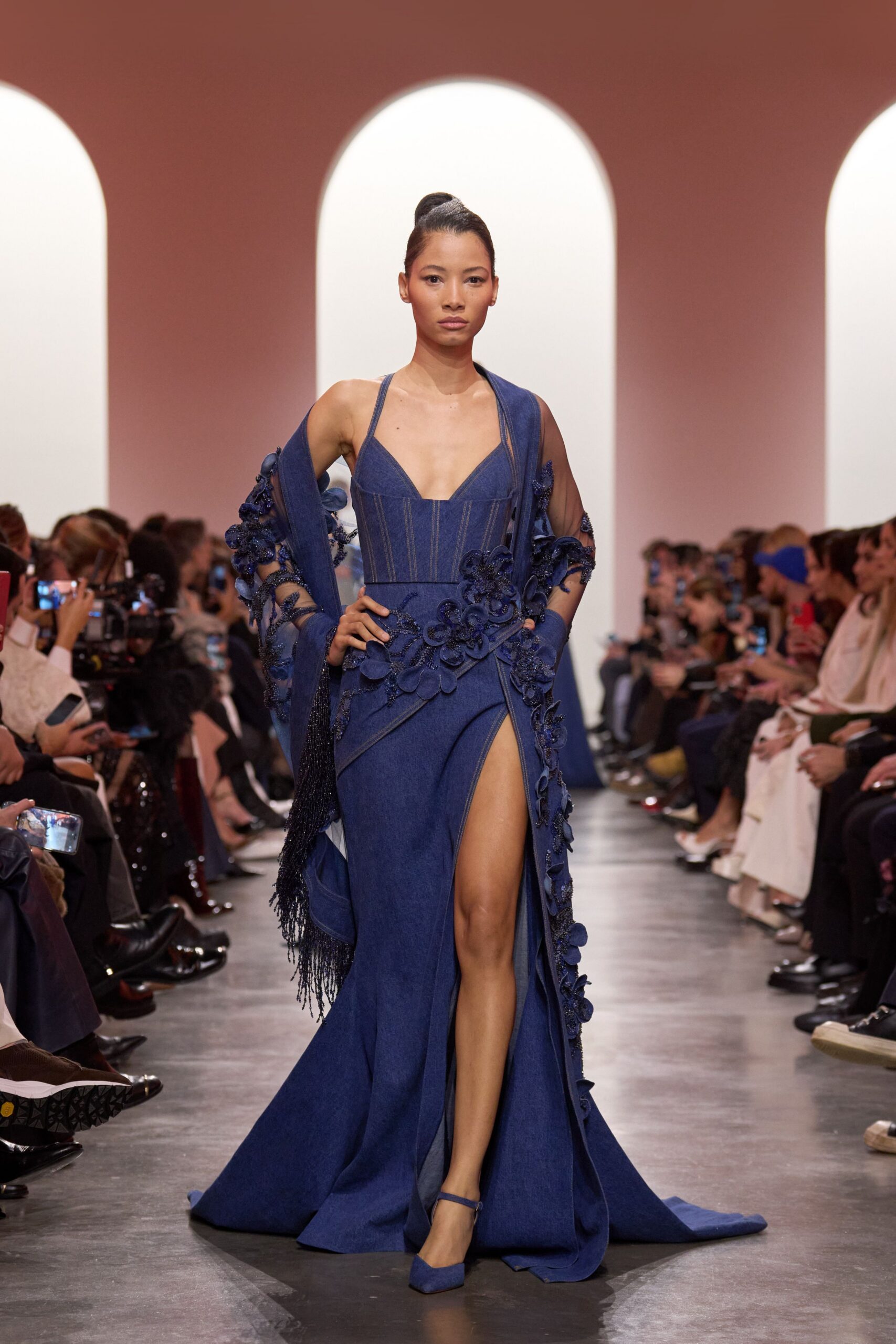 blue denim sleeveless v-neck fitted embroidered layered gown