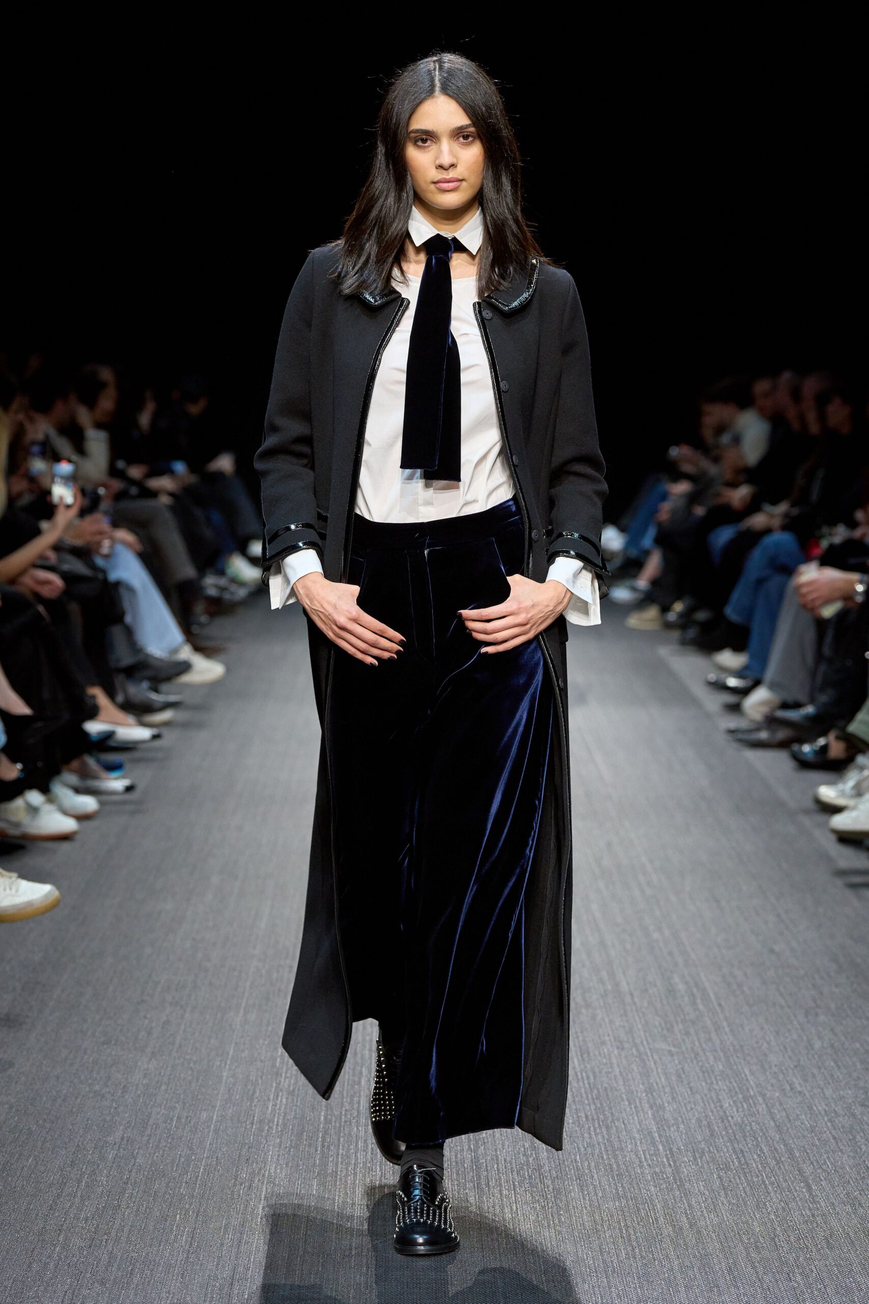 black wool long-sleeve collared fitted buttoned maxi coat