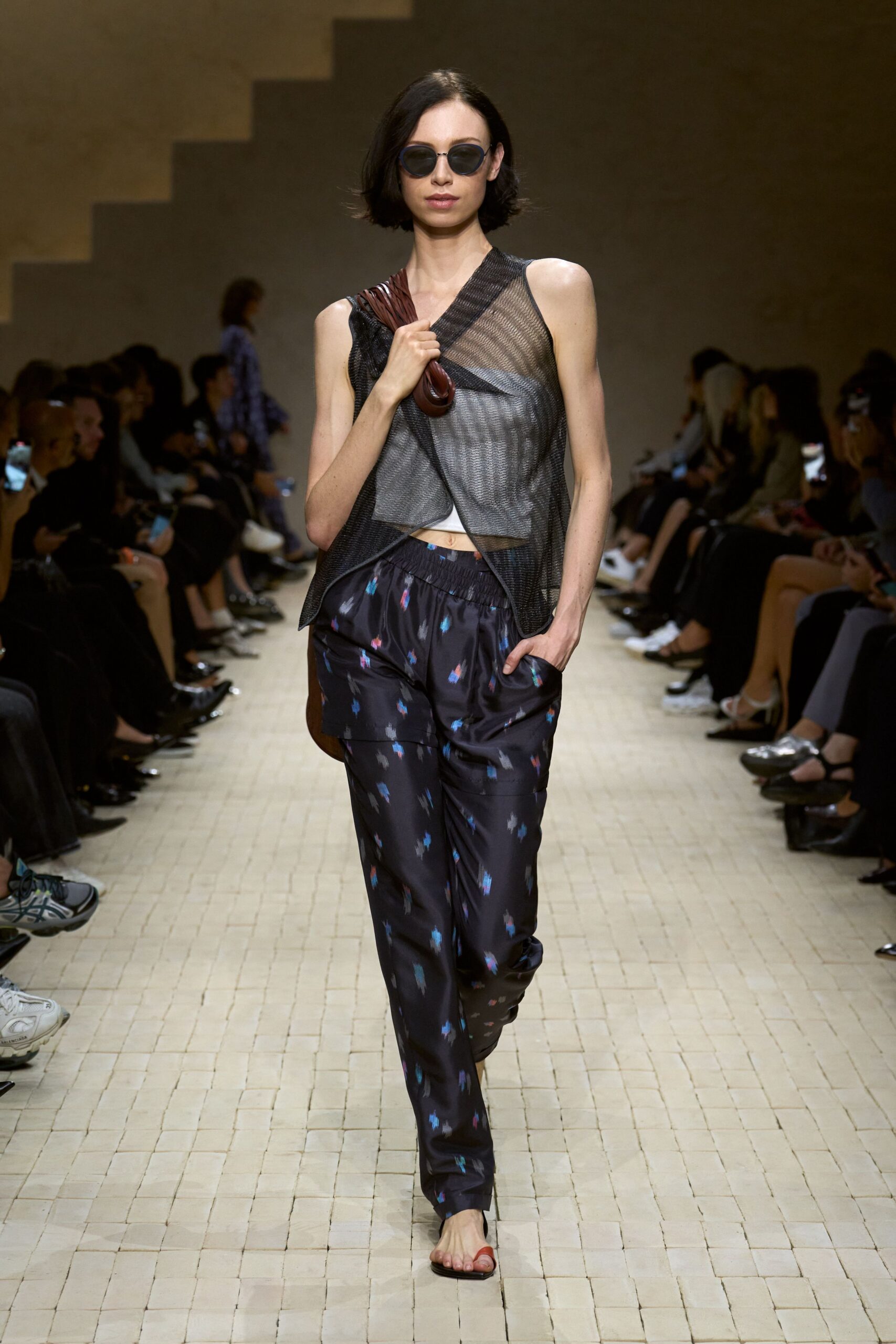 black mesh top with printed pants