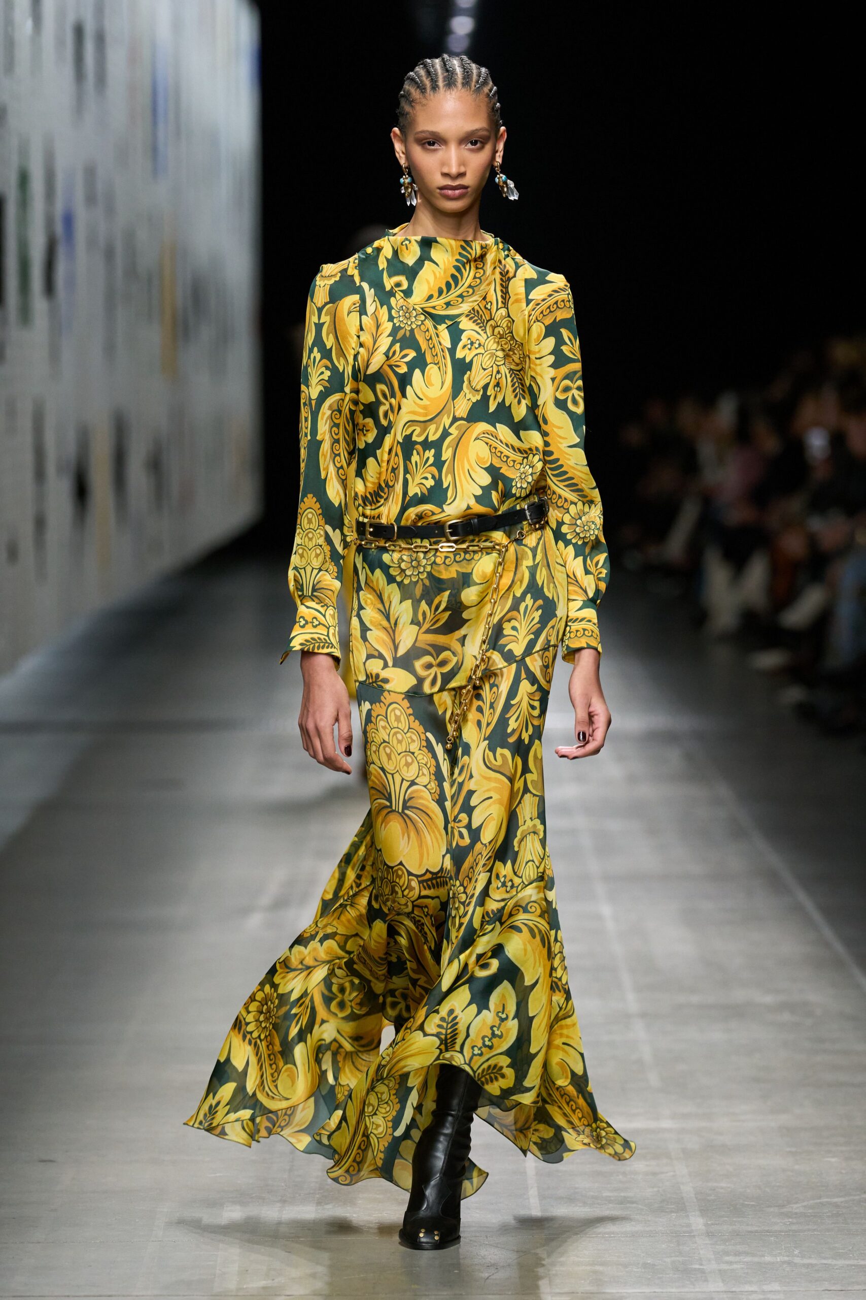 yellow silk long-sleeve high-neck fitted flared printed dress