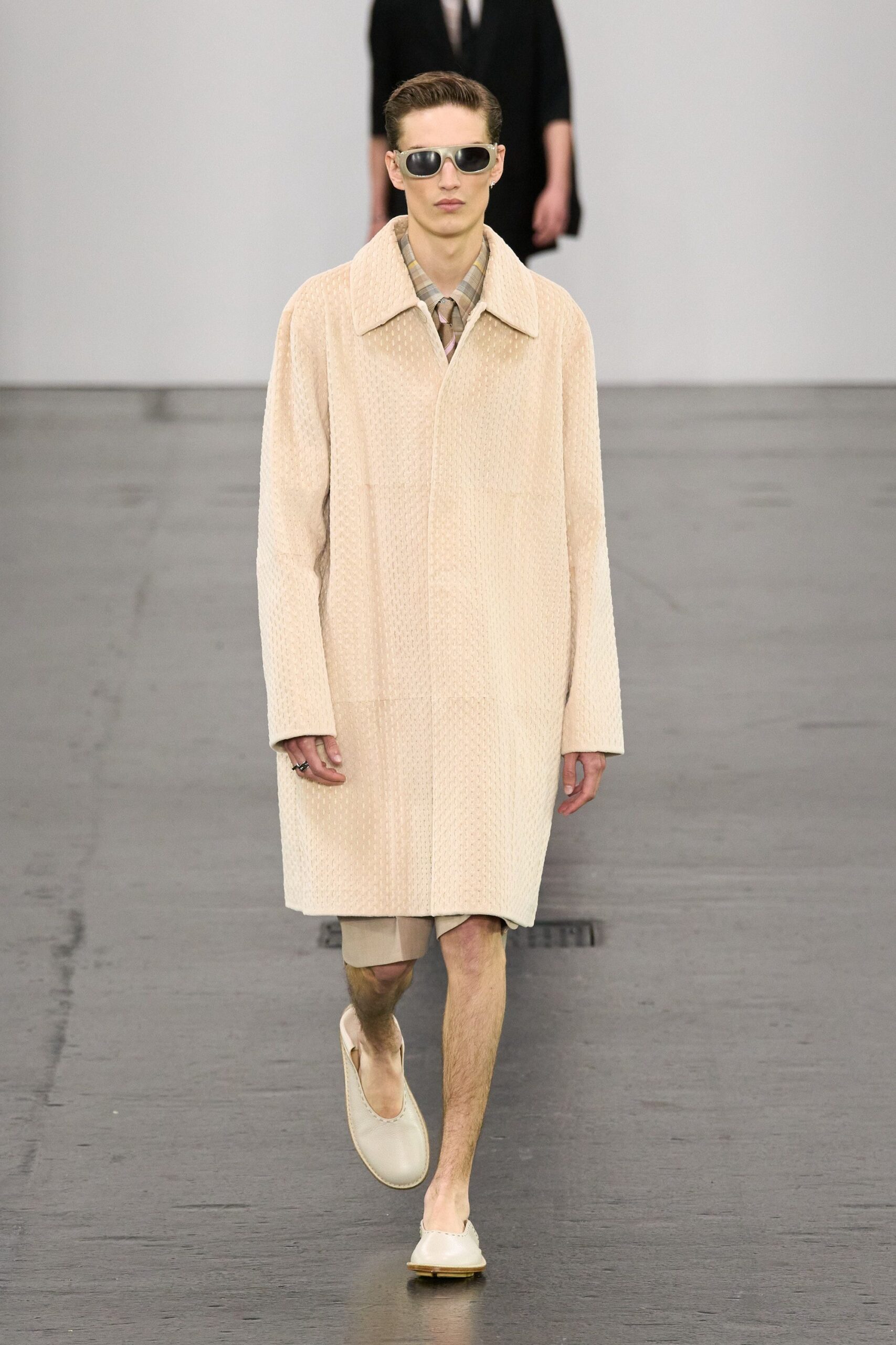 beige relaxed coat with shorts