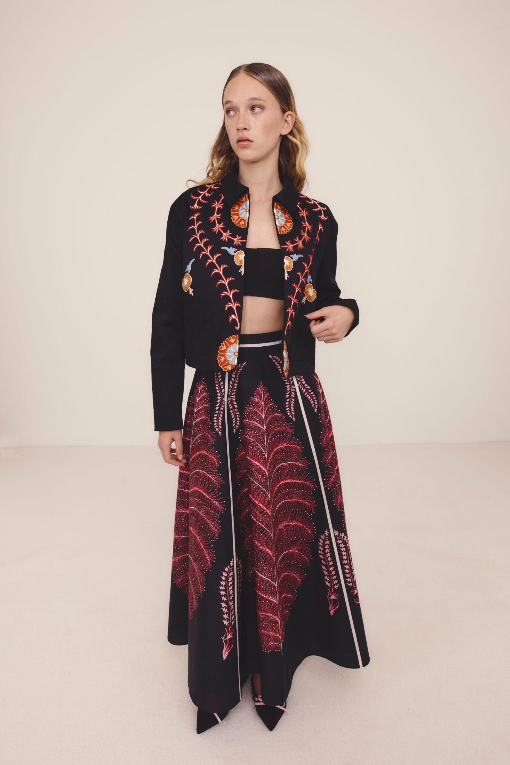 black cotton fitted printed maxi skirt
