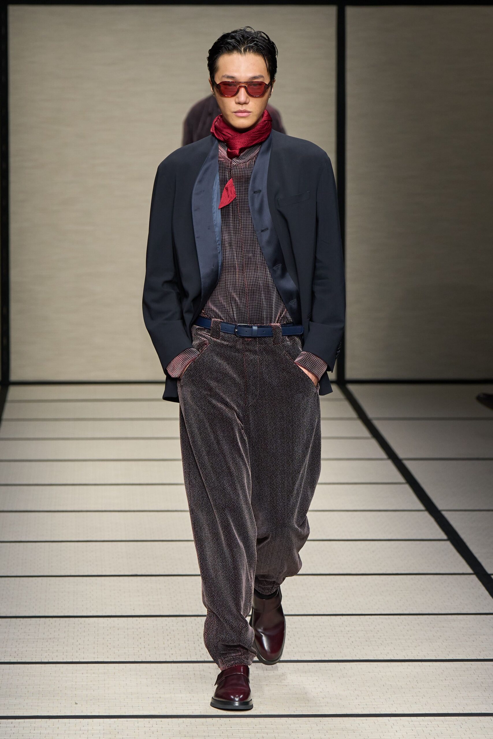 black tailored blazer with red shirt
