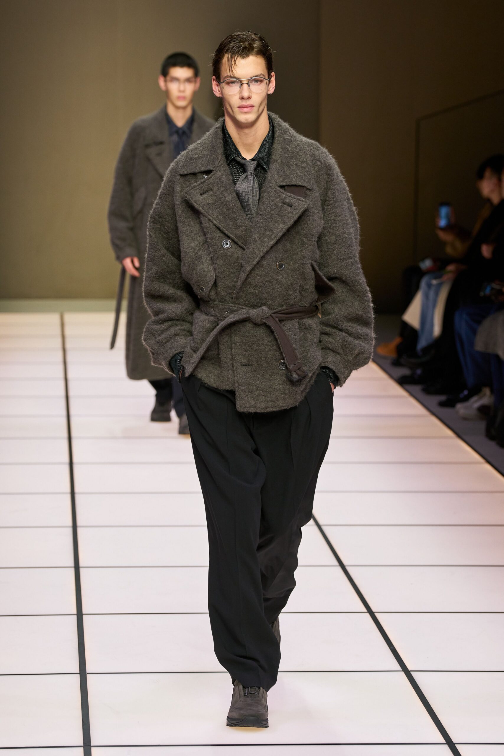 gray wool coat with black pants
