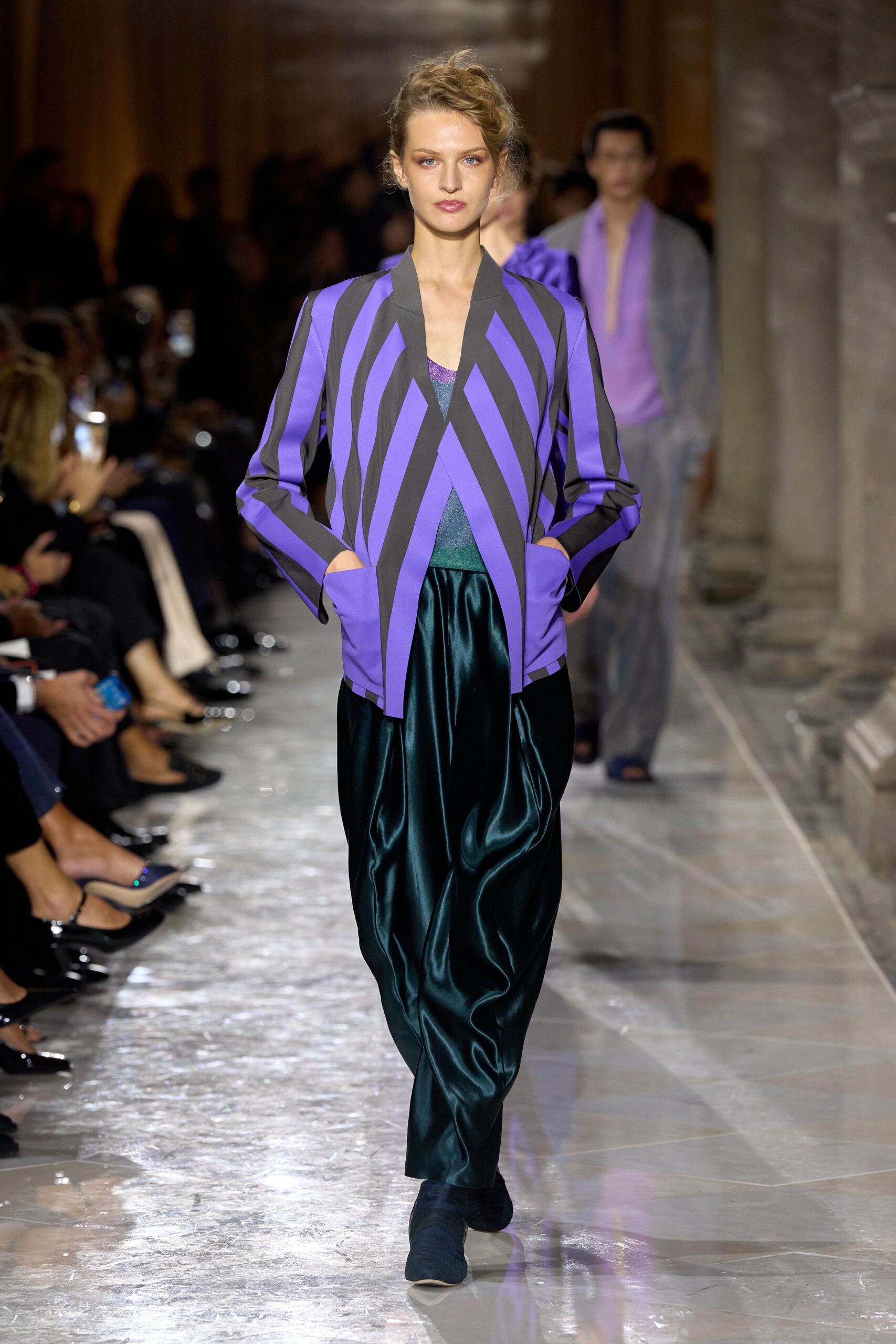 purple long-sleeve collared structured striped blazer
