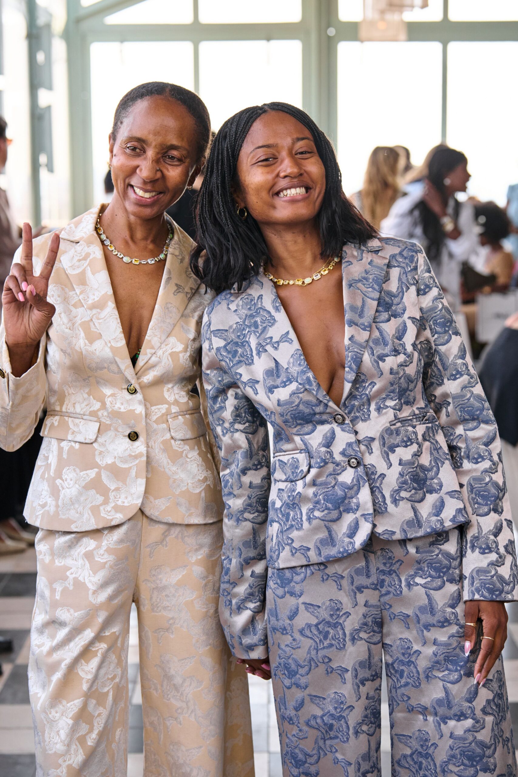 beige cotton long-sleeve v-neck tailored floral suit