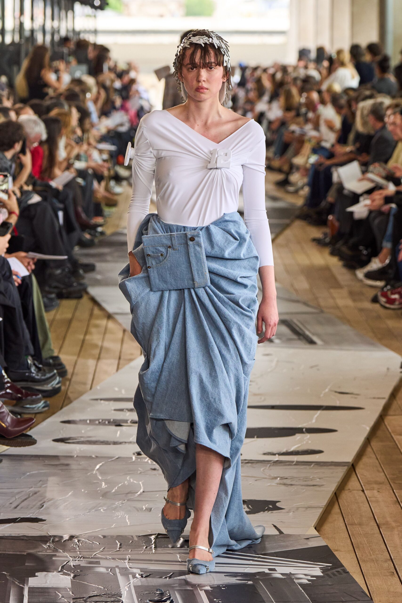 blue denim asymmetric relaxed pleated skirt