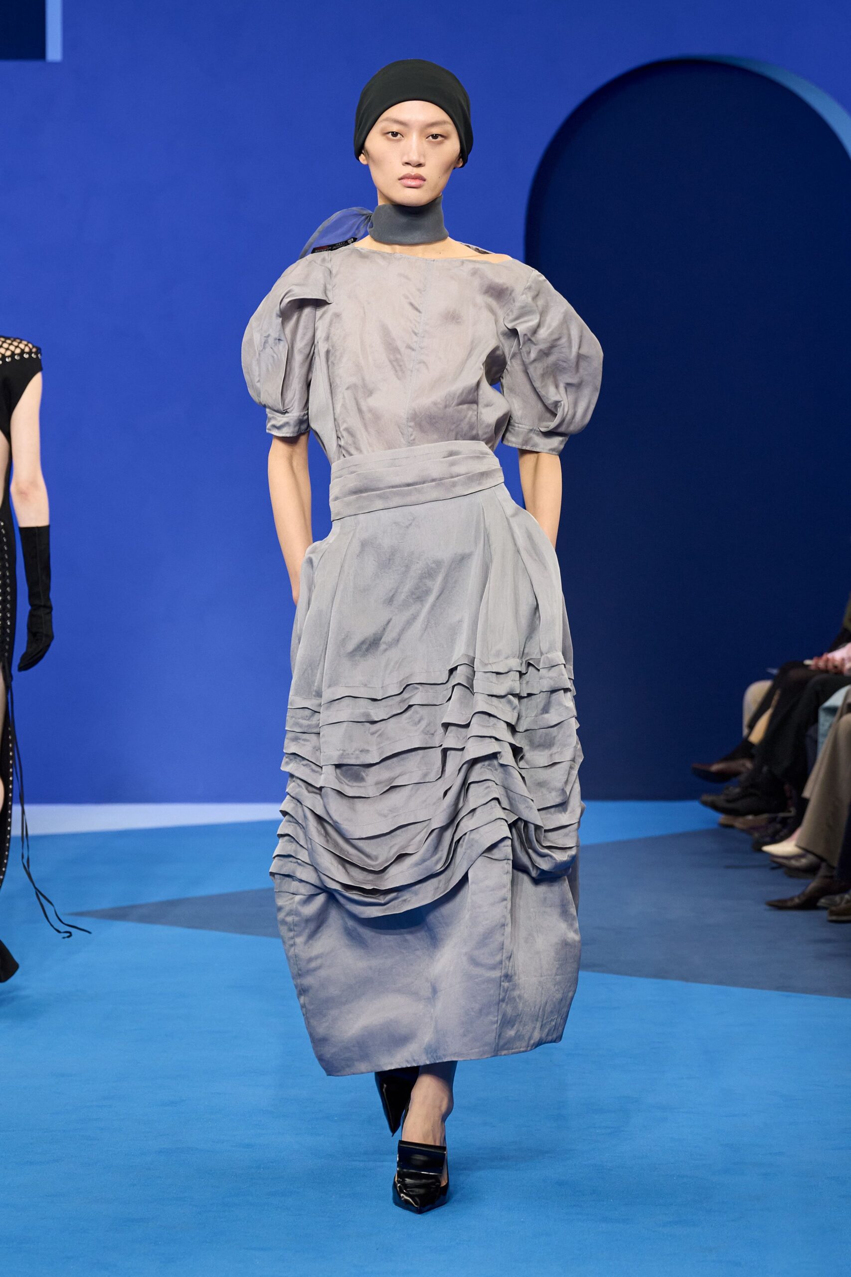 gray silk short-sleeve high-neck fitted ruffled tiered dress