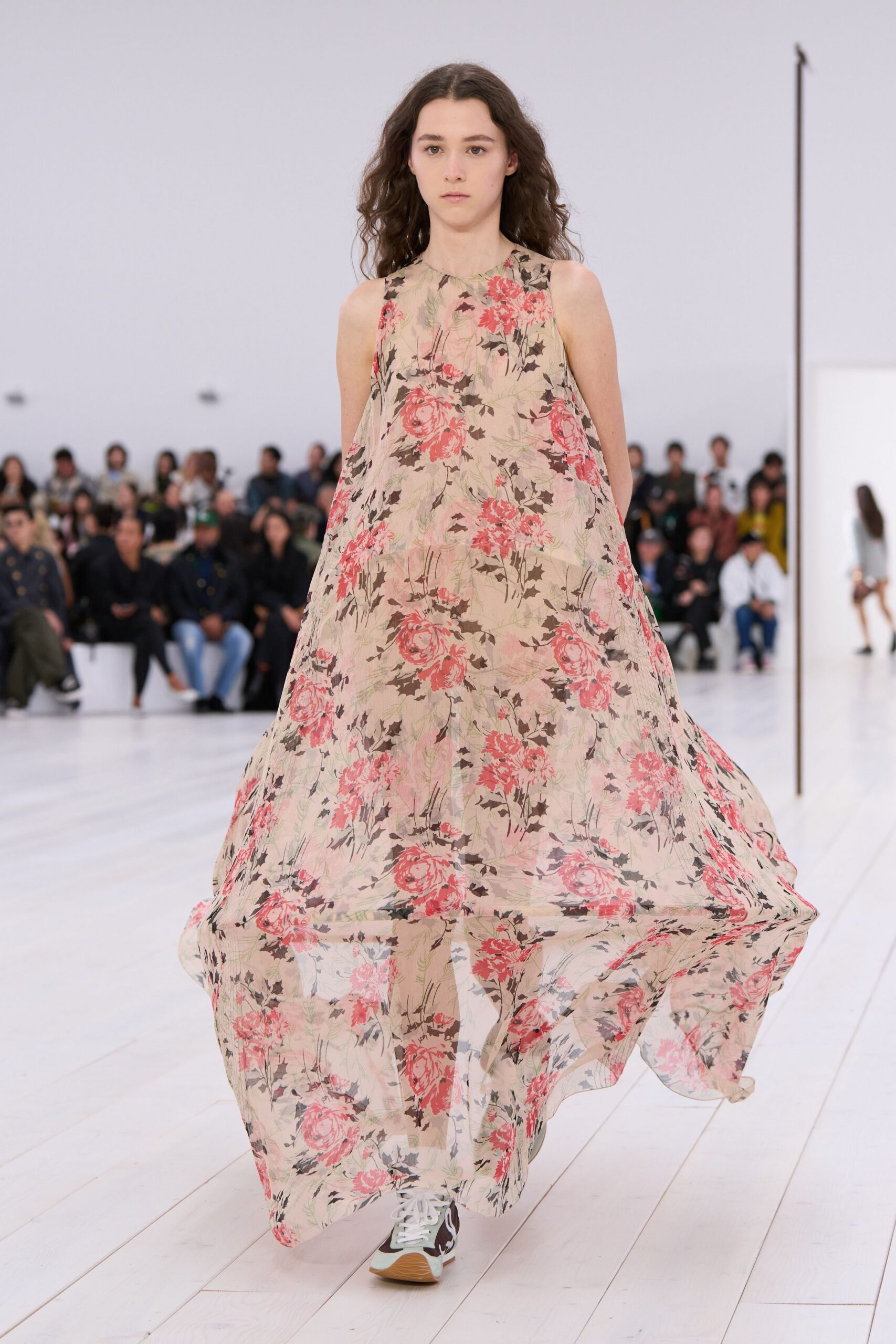 beige chiffon sleeveless high-neck relaxed floral tiered dress