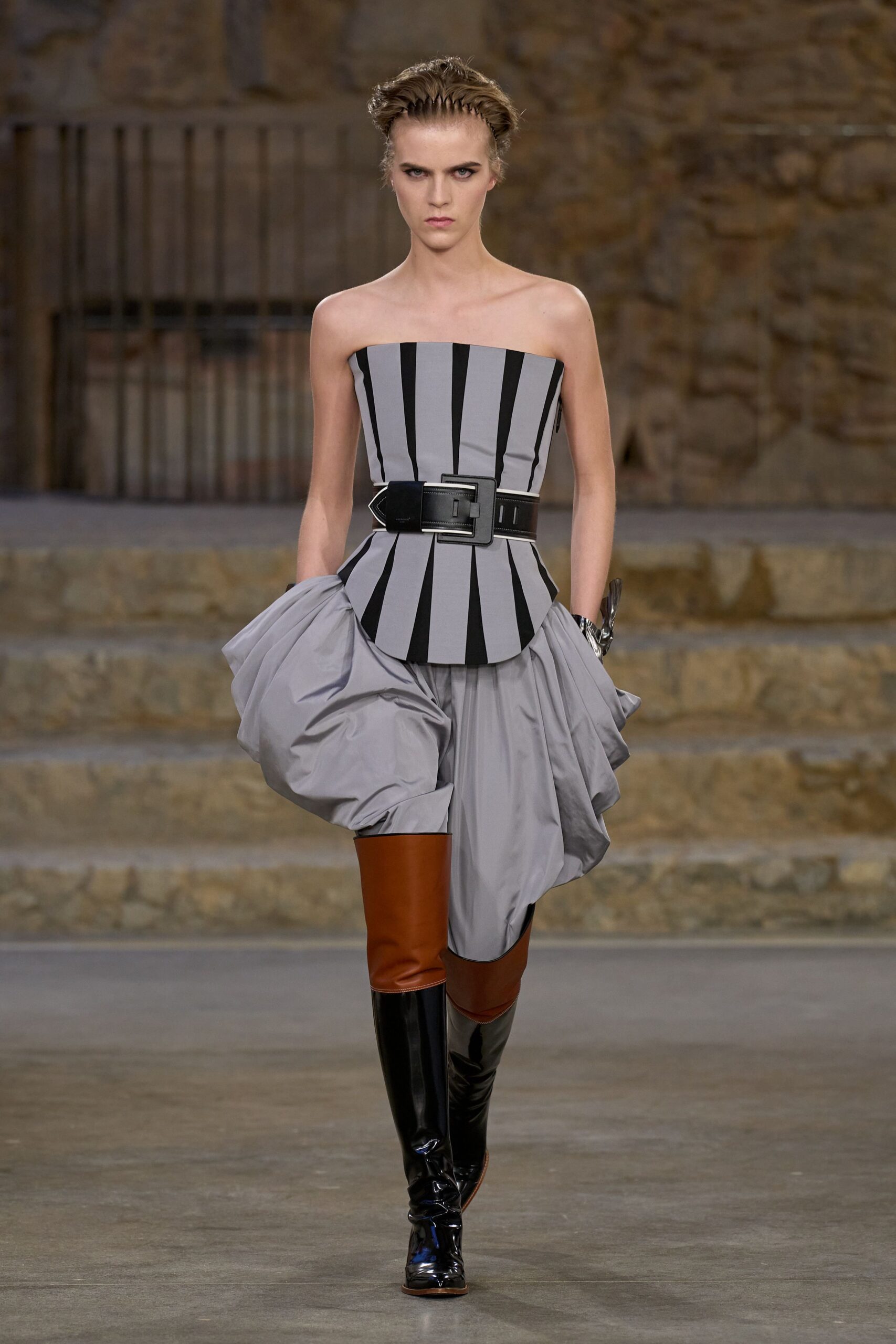 gray cotton strapless fitted striped pleated midi dress